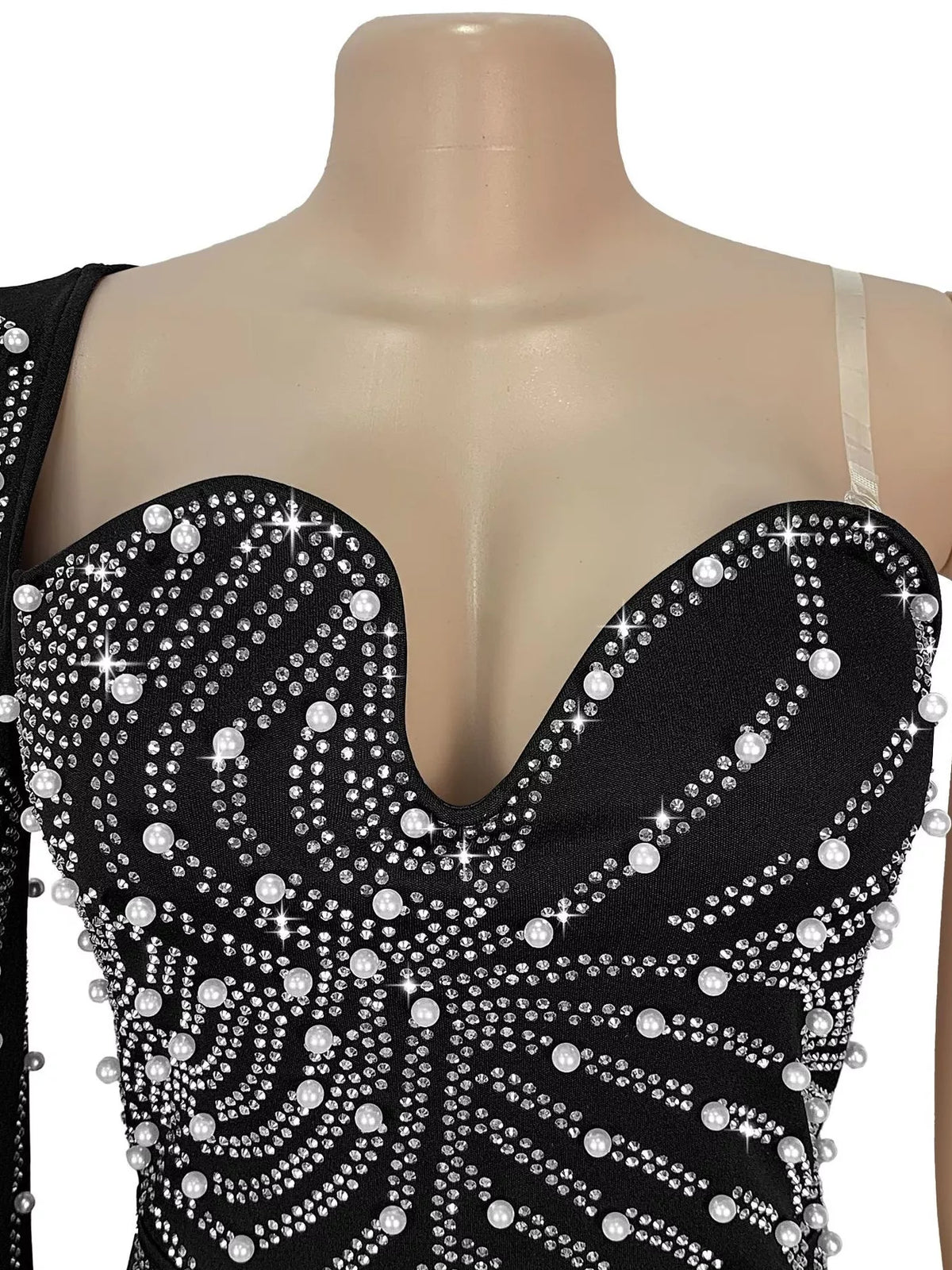 Rhinestone Pearl Detail One-Shoulder Mermaid Maxi Dress - Lilixa.store