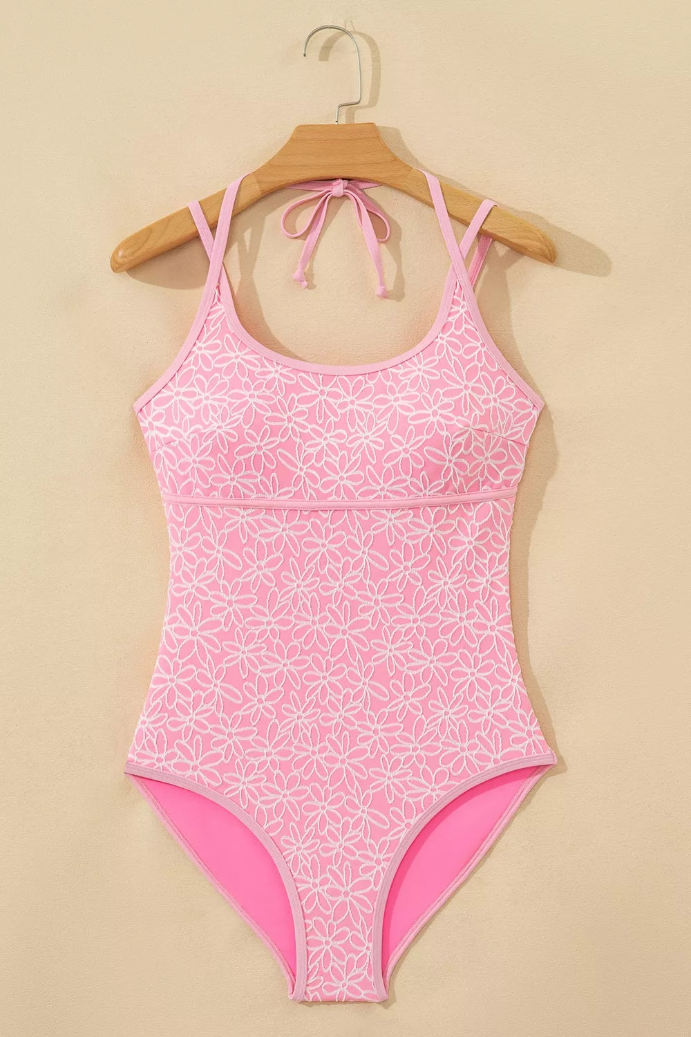 Corded Flower Texture Spaghetti Straps Halter Neck One Piece Swimsuit - Lilixa.store