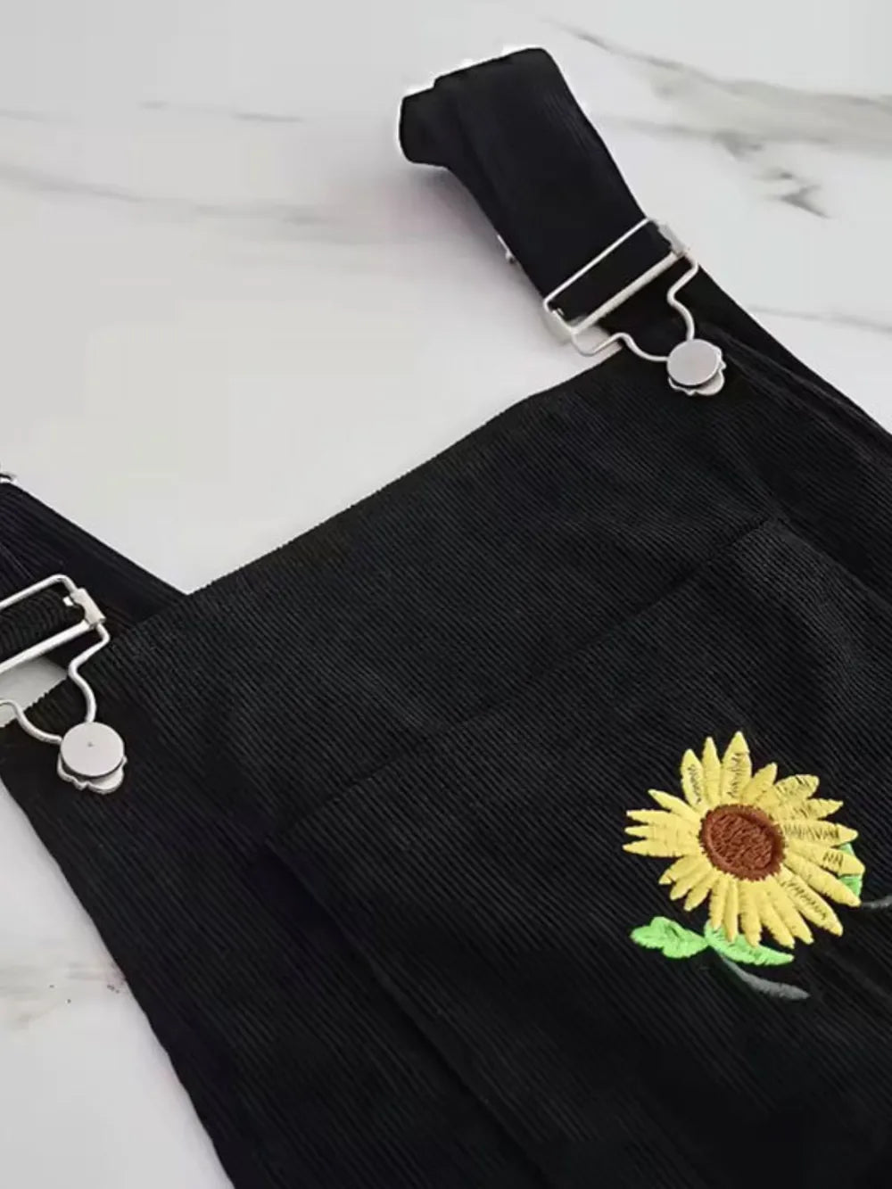 Embroidered Sunflower Wide Strap Overalls with Pockets - Lilixa.store