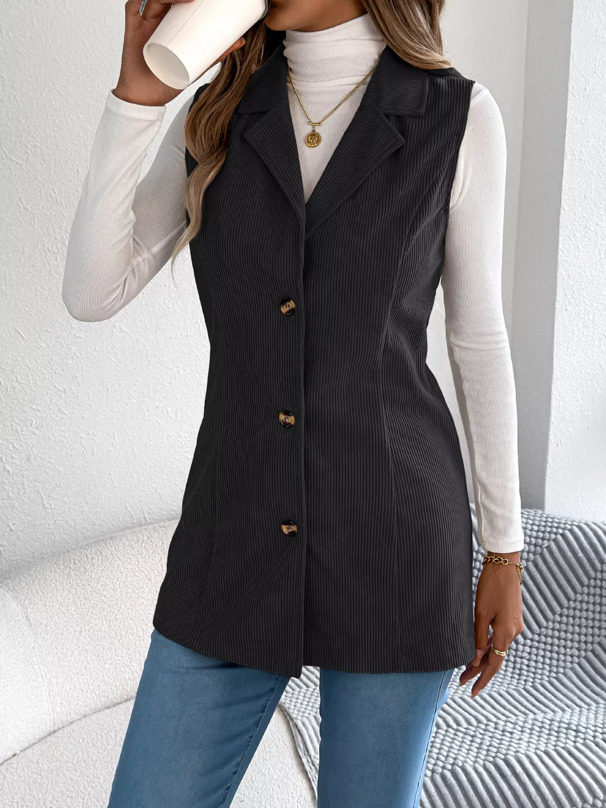 Button-Front Longline Vest Coat - Lilixa.store