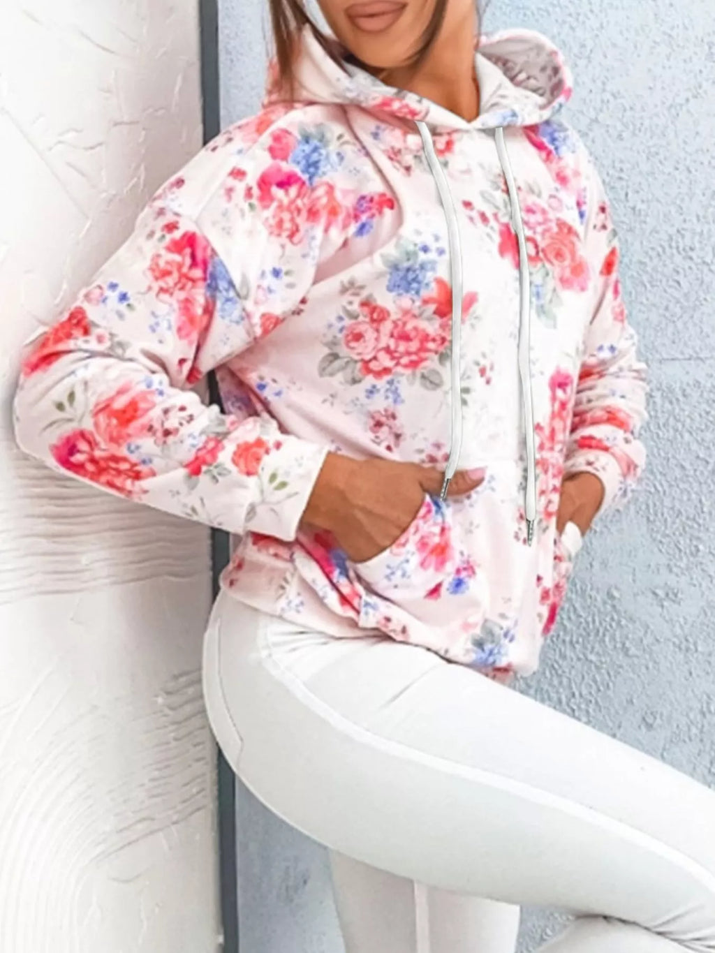 Floral Print Drawstring Hoodie with Kangaroo Pocket - Lilixa.store
