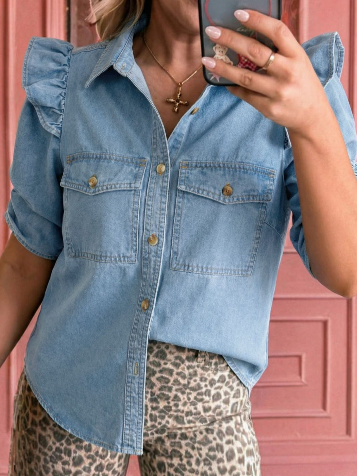 Ruffled Button-Down Denim Shirt - Lilixa.store
