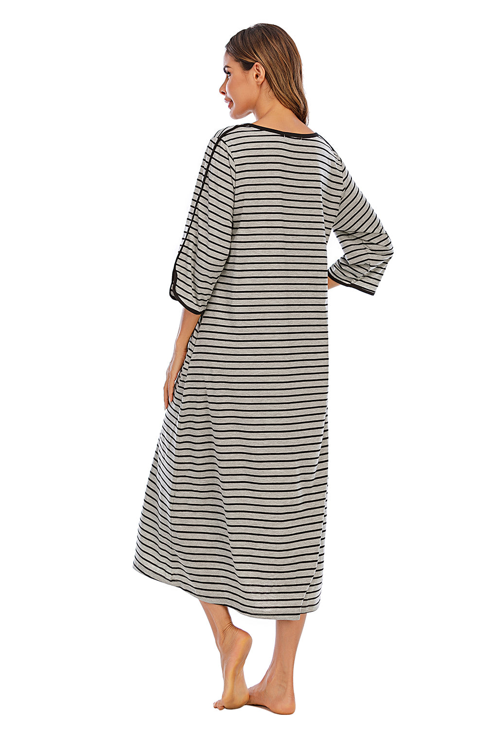 Round Neck Three-Quarter Sleeve Midi Night Dress - Lilixa.store