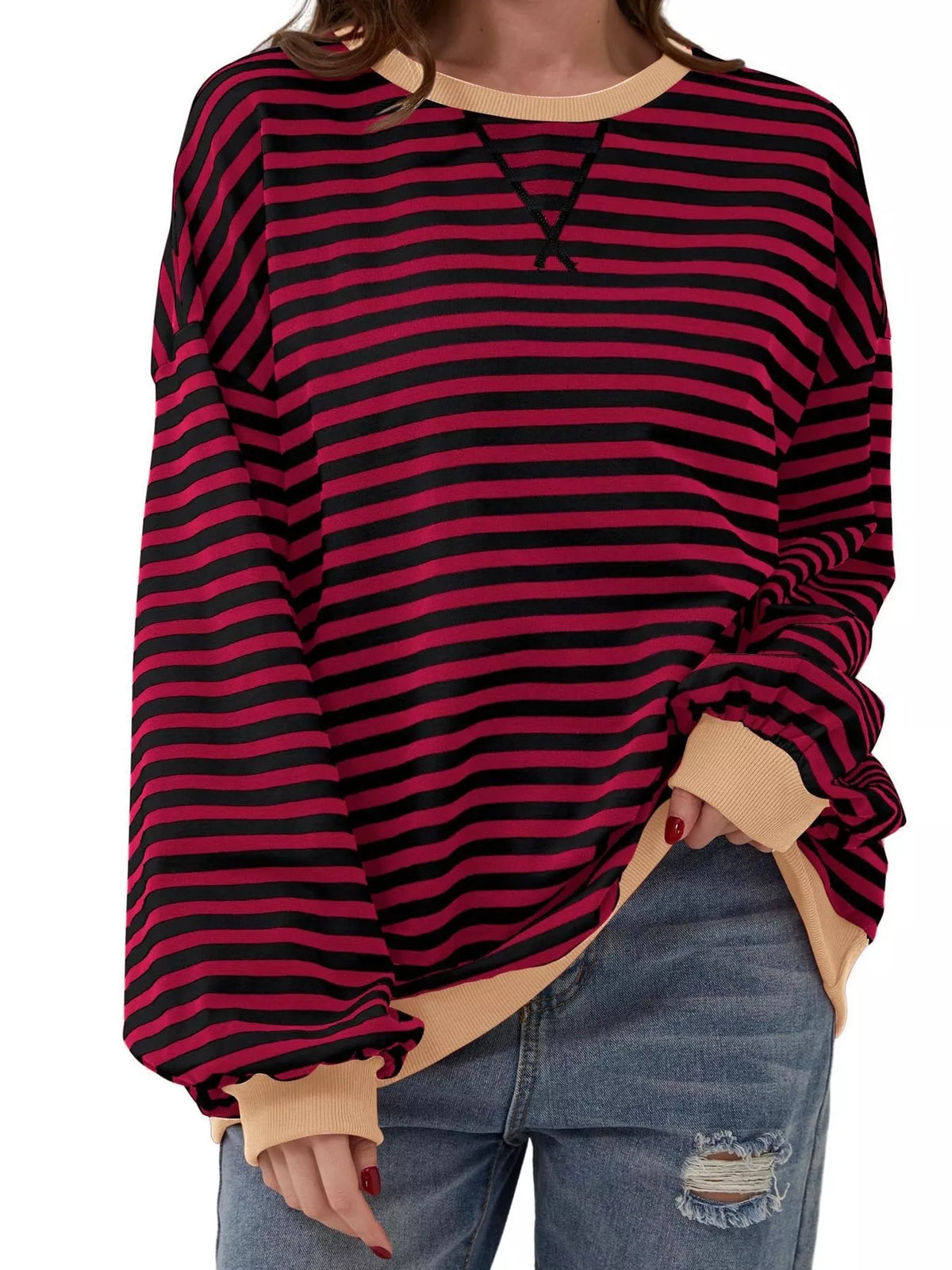 Striped Contrast Trim Oversized Sweatshirt - Lilixa.store