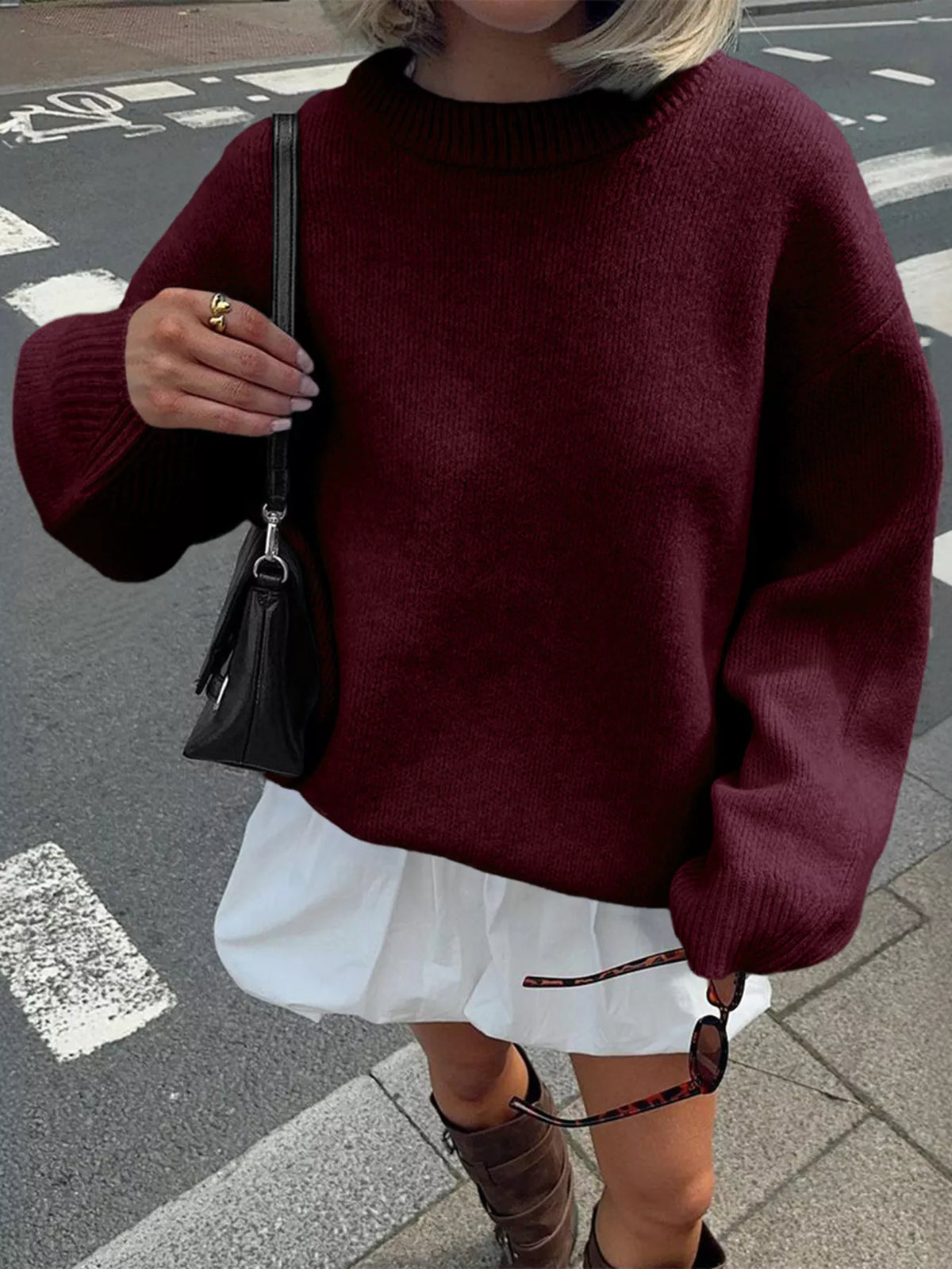 Ribbed Round Neck Dropped Shoulder Sweater - Lilixa.store