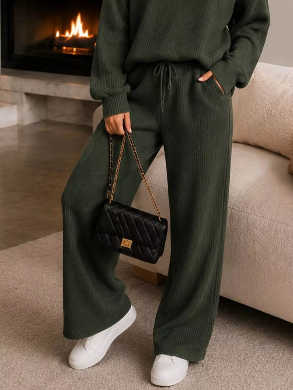 Ribbed Knit Quarter-Zip Top and Wide-Leg Pants Set - Lilixa.store