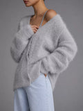 Fuzzy V-Neck Button-Down Cardigan in Light Gray