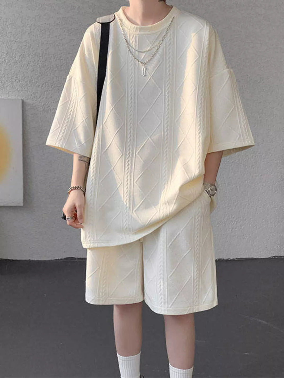 Men's Plus Size Textured Relaxed Fit Top and Shorts Set in Apricot