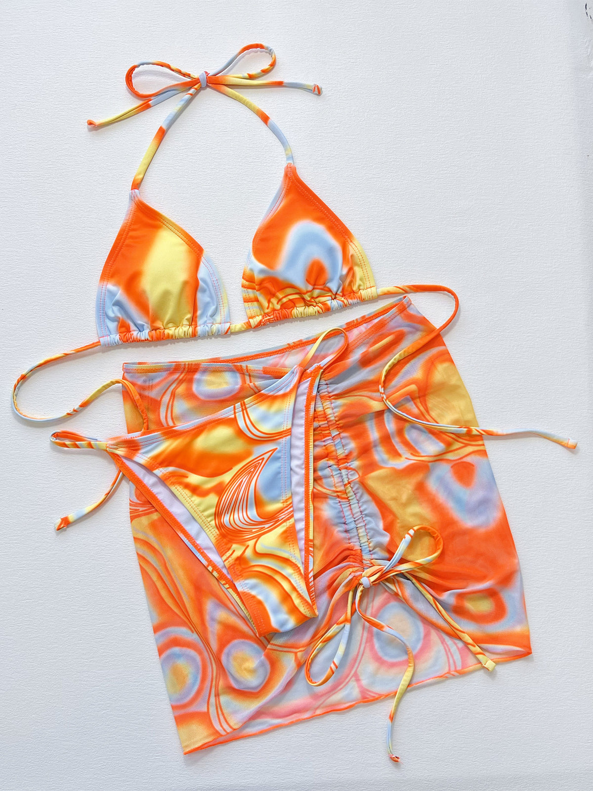 Multicolored Drawstring Ruched Three-Piece Swim Set - Lilixa.store