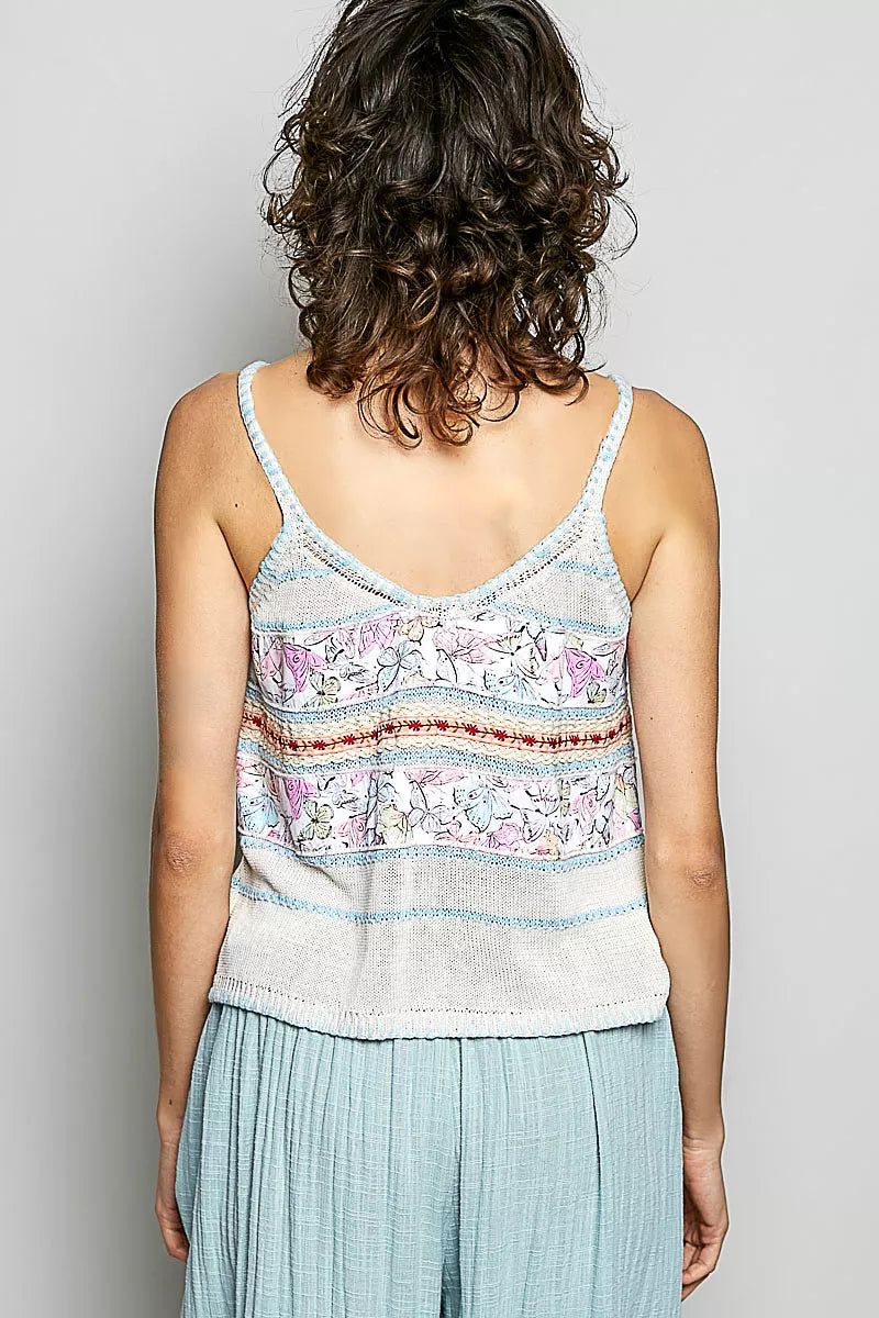 POL Printed Contrast Button Down Cami with Trim Detail and Blanket Stitch - Lilixa.store