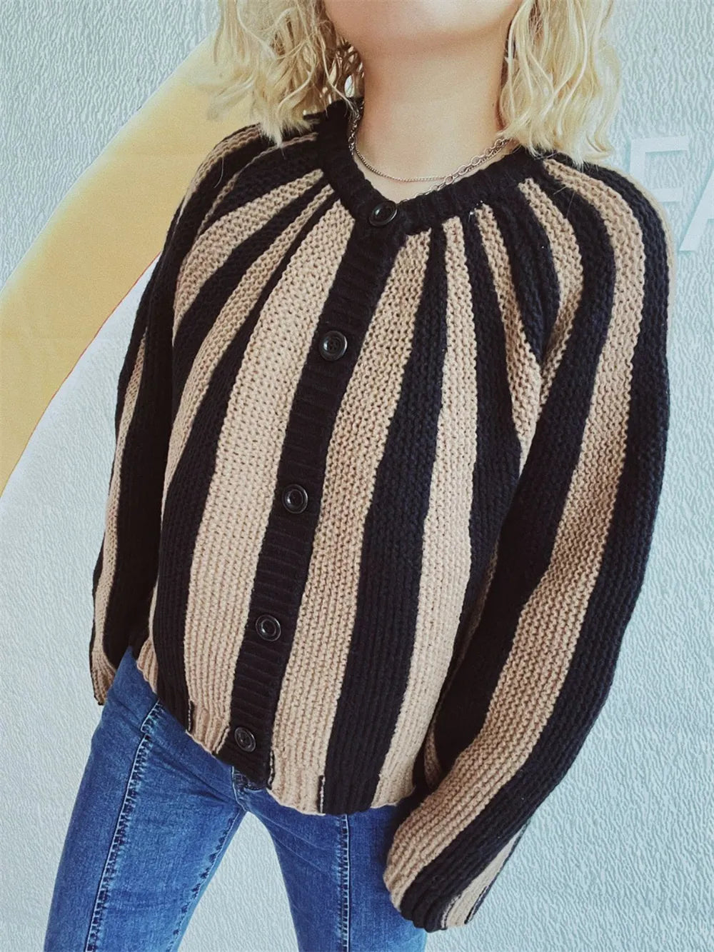 Contrast Stripes Button Down Long Sleeve Cardigan - Lilixa.store