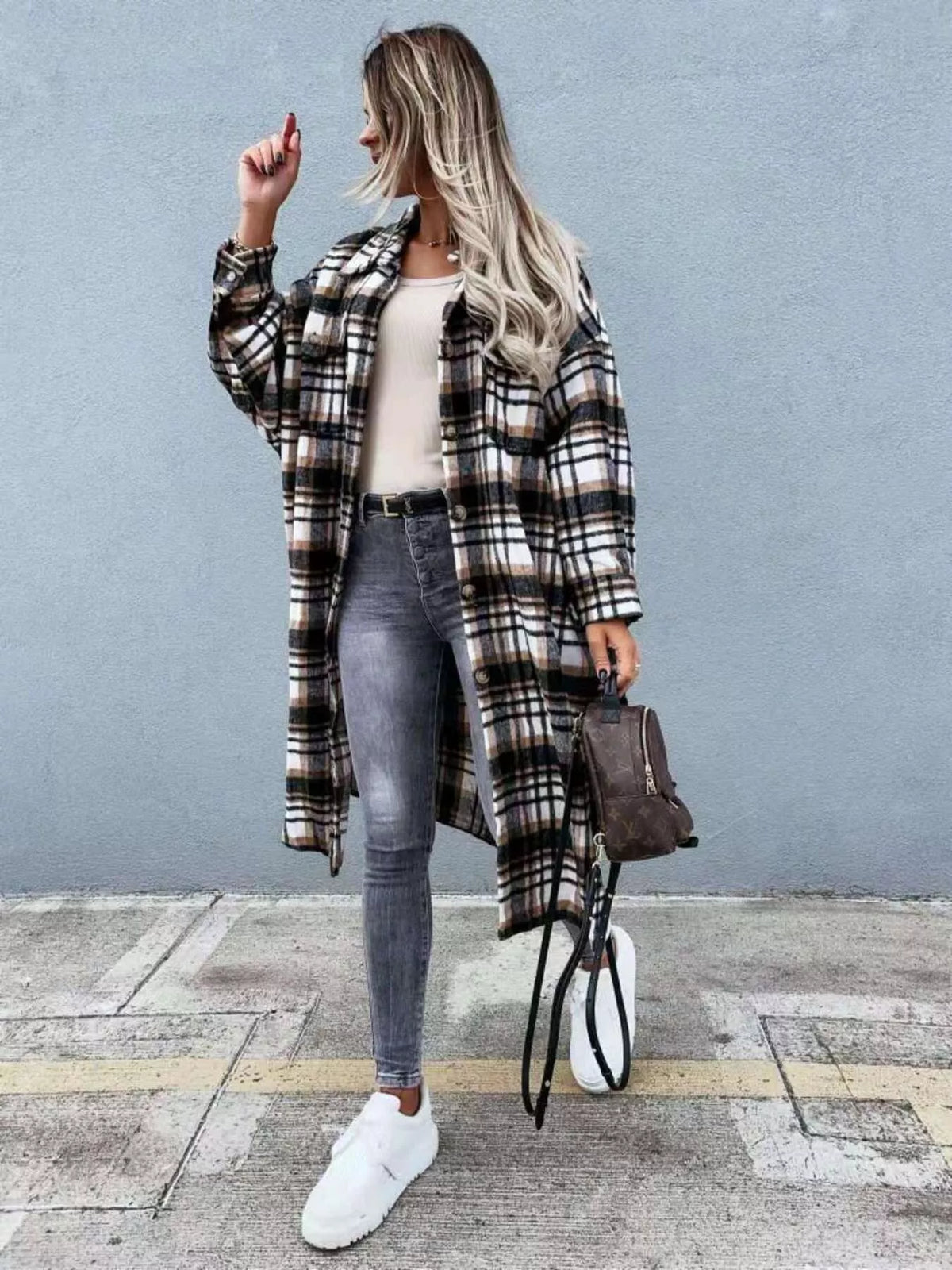 Plaid Button Up Longline Shacket, view 12