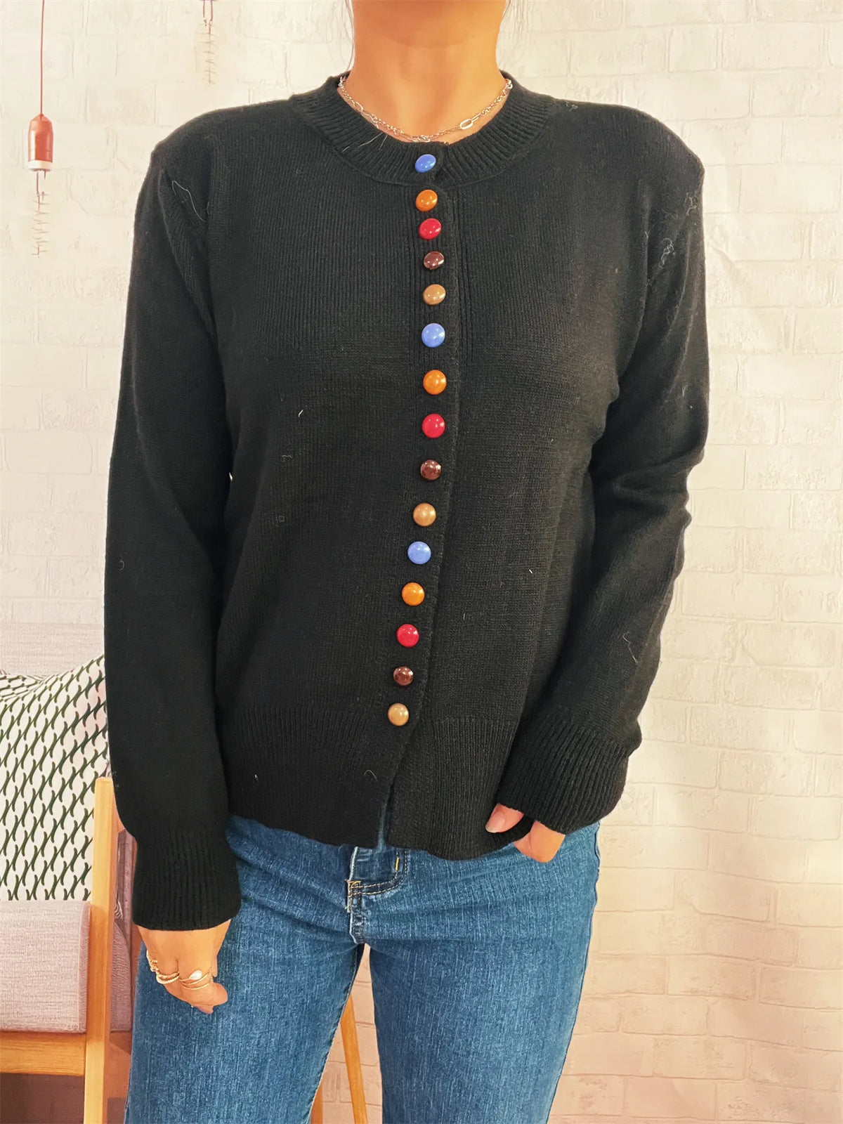 Button-Front Cardigan with Colorful Detail Buttons - Lilixa.store