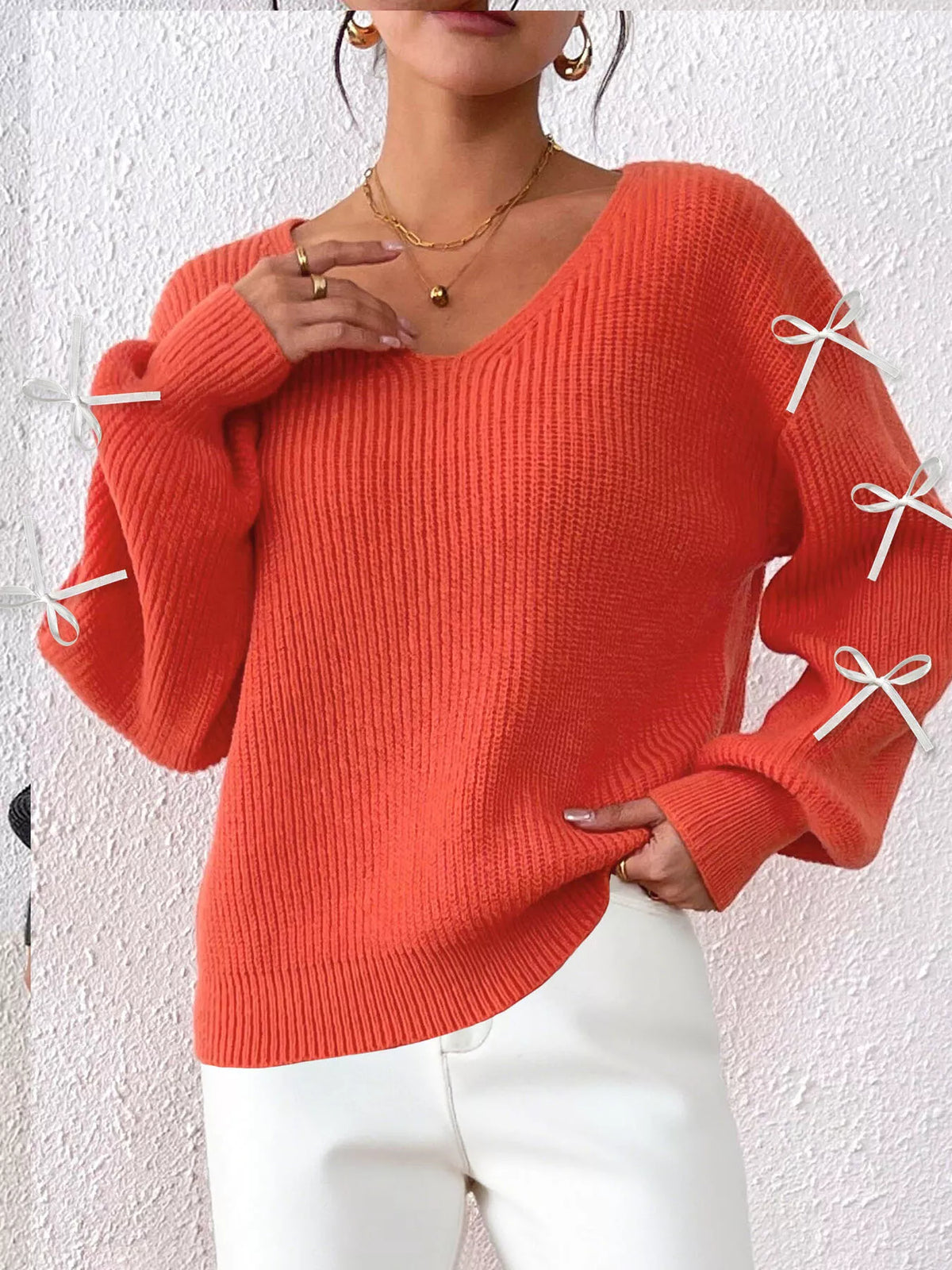 Bow-Tie Sleeve V-Neck Sweater - Lilixa.store