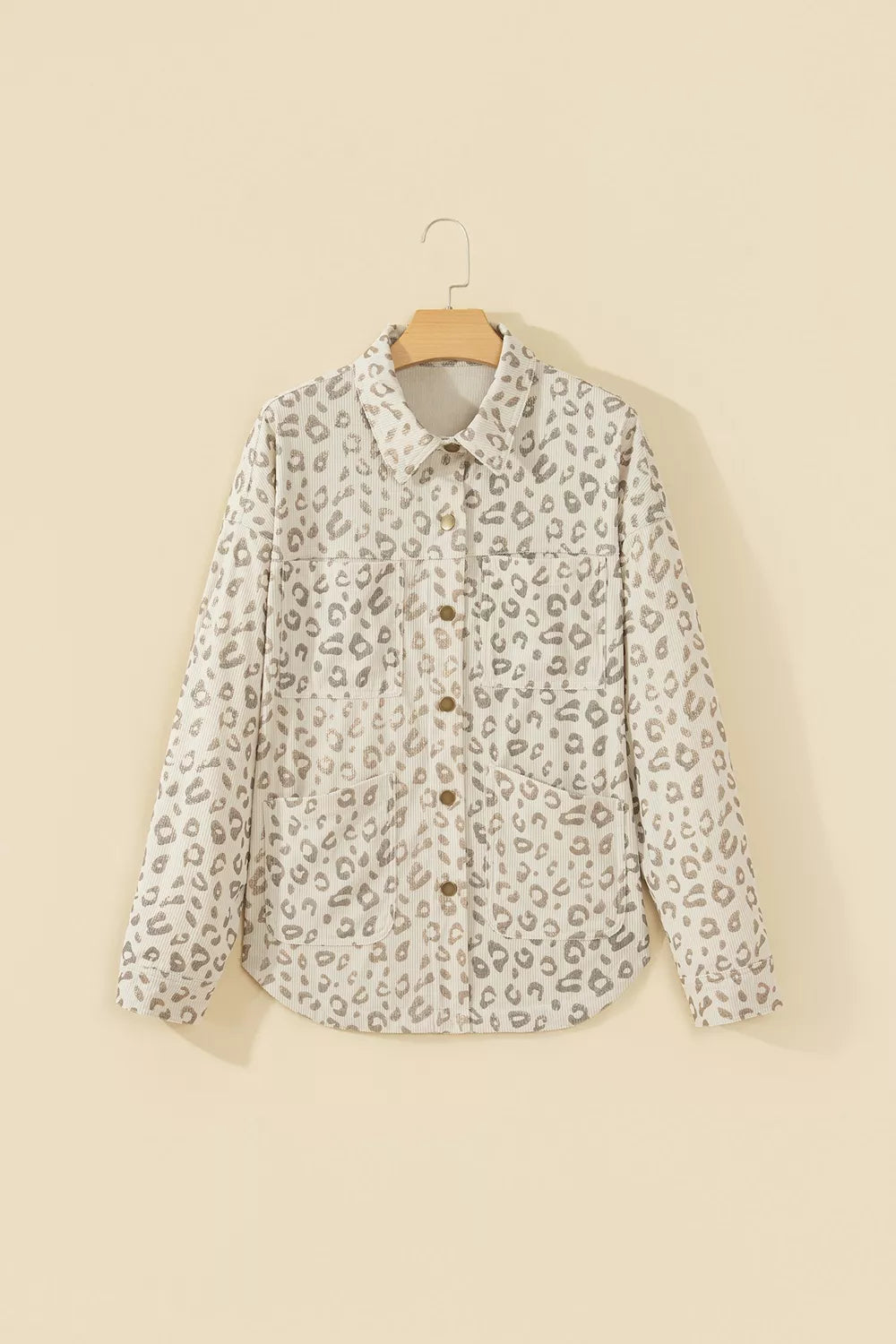 Leopard Print Corduroy Shirt Collar Long Sleeve Regular Fit Jacket in Khaki, view 9