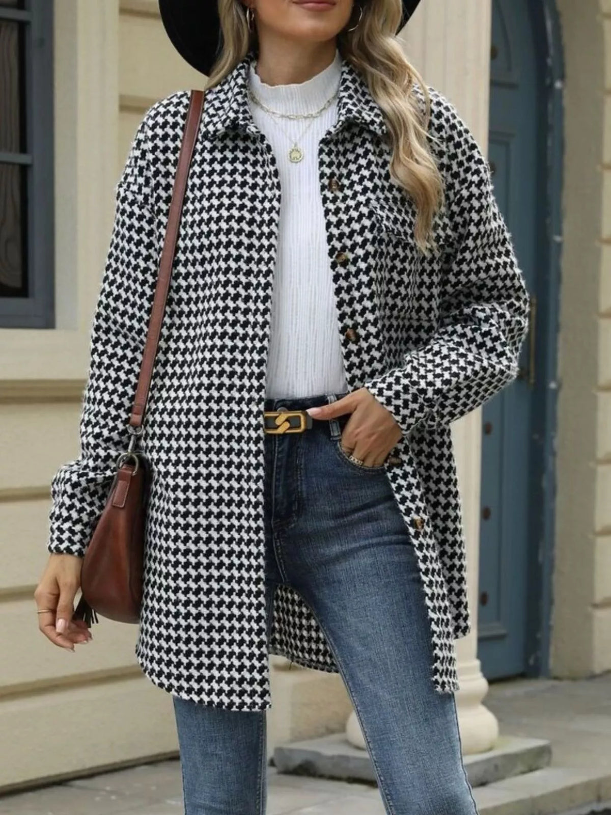 Houndstooth Button Up Long Sleeve Coat, view 4