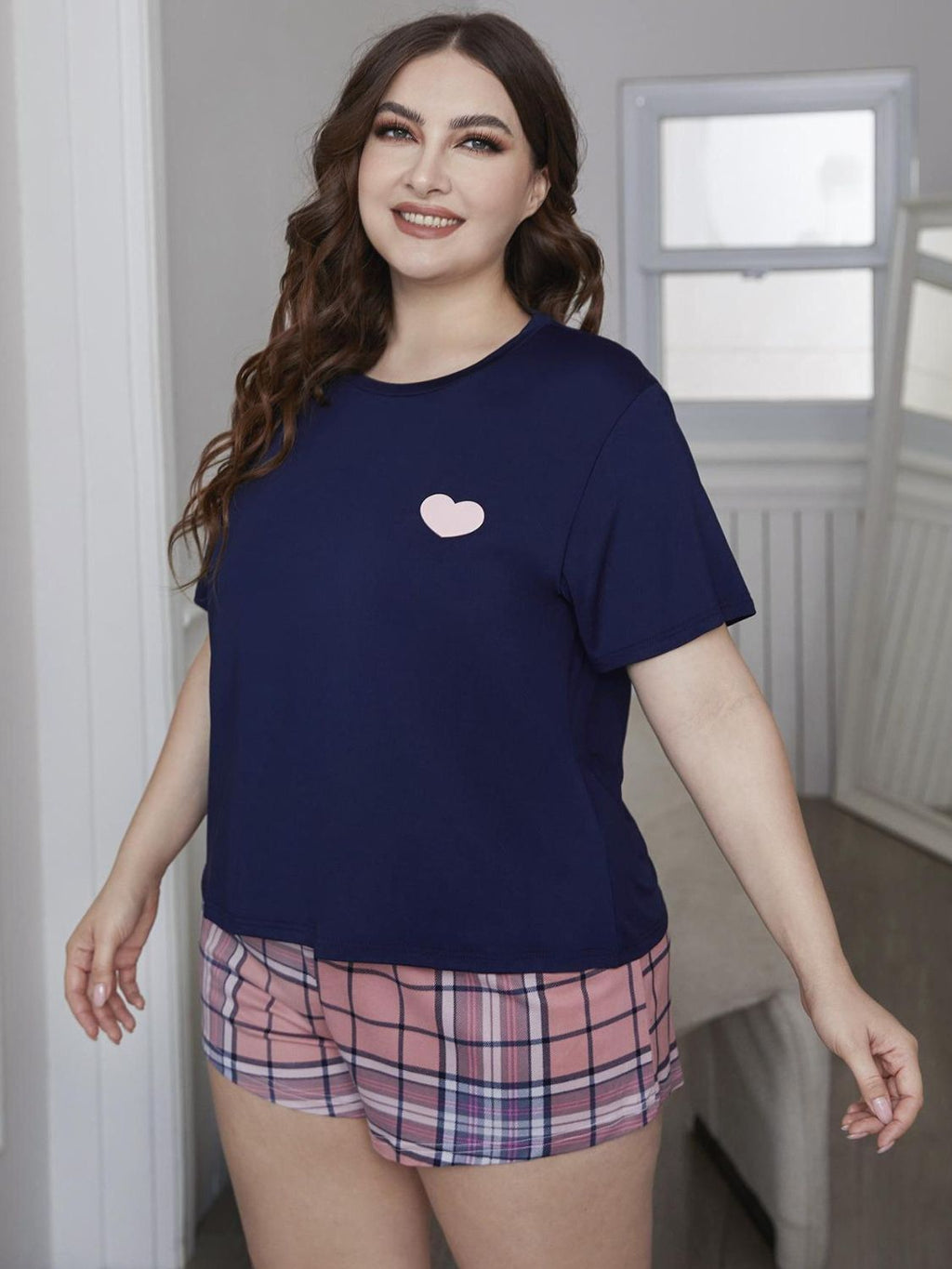 Plus Size Heart Graphic Top and Plaid Shorts Loungewear Set - Lilixa.store