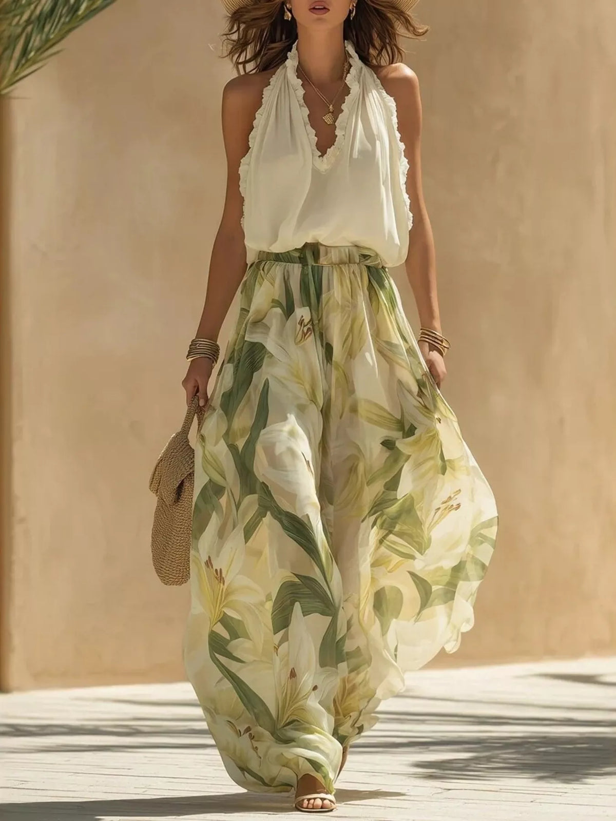Frill Sleeveless Top and Wide-Leg Pants Two-Piece Set - Lilixa.store