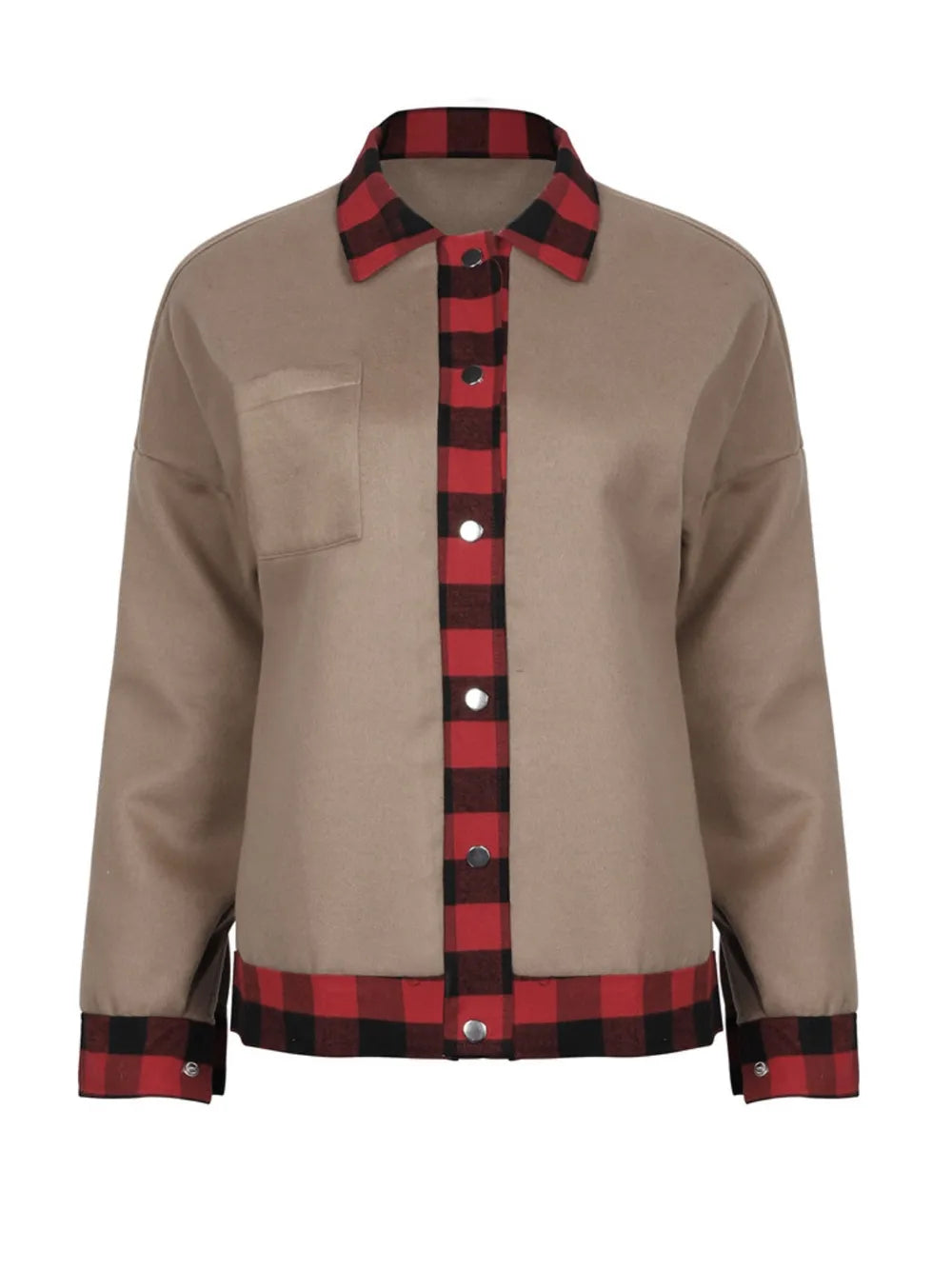 Plaid Trim Long Sleeve Jacket - Lilixa.store