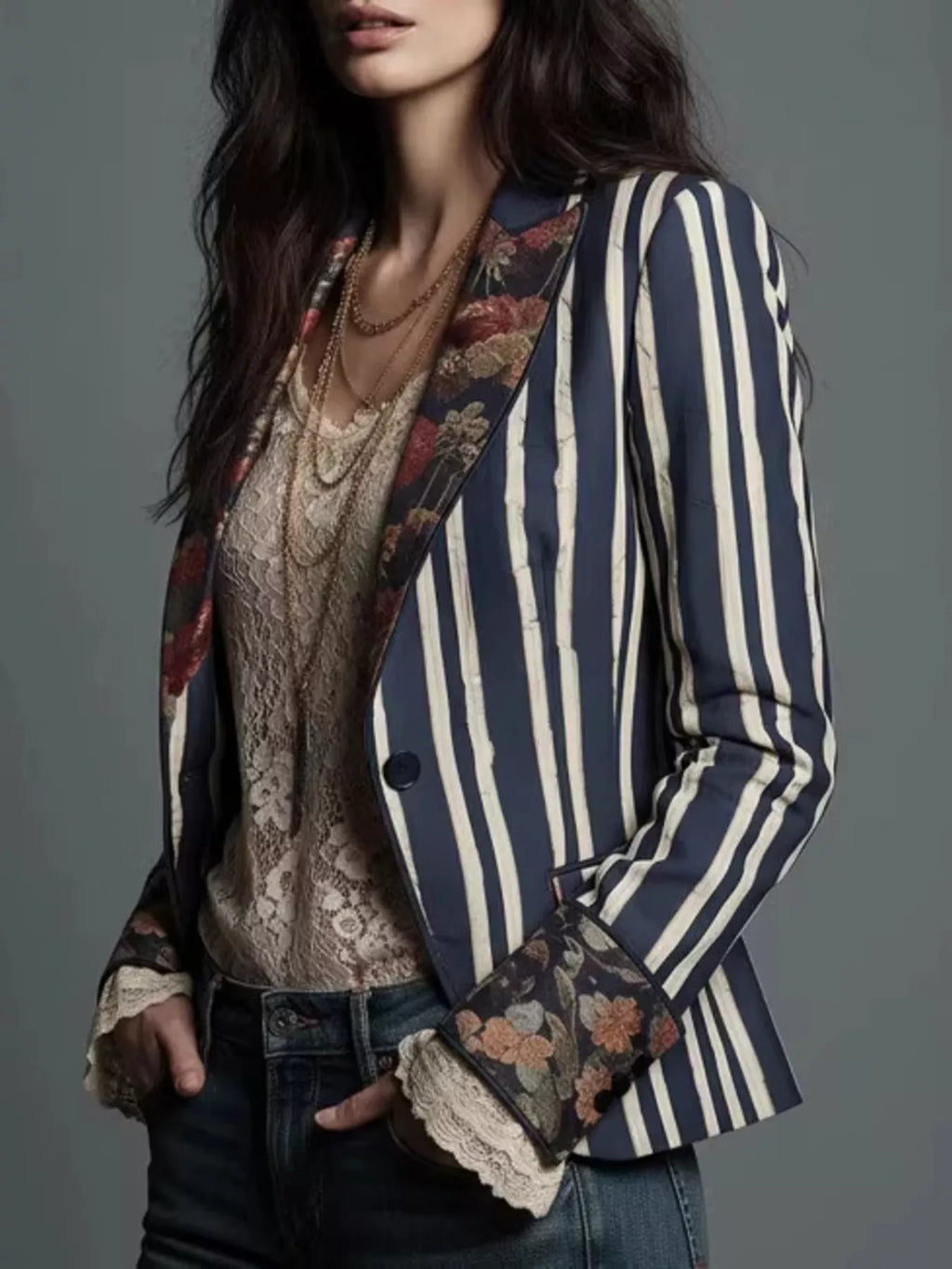 Striped Floral Contrast Slim Fit Blazer - Lilixa.store