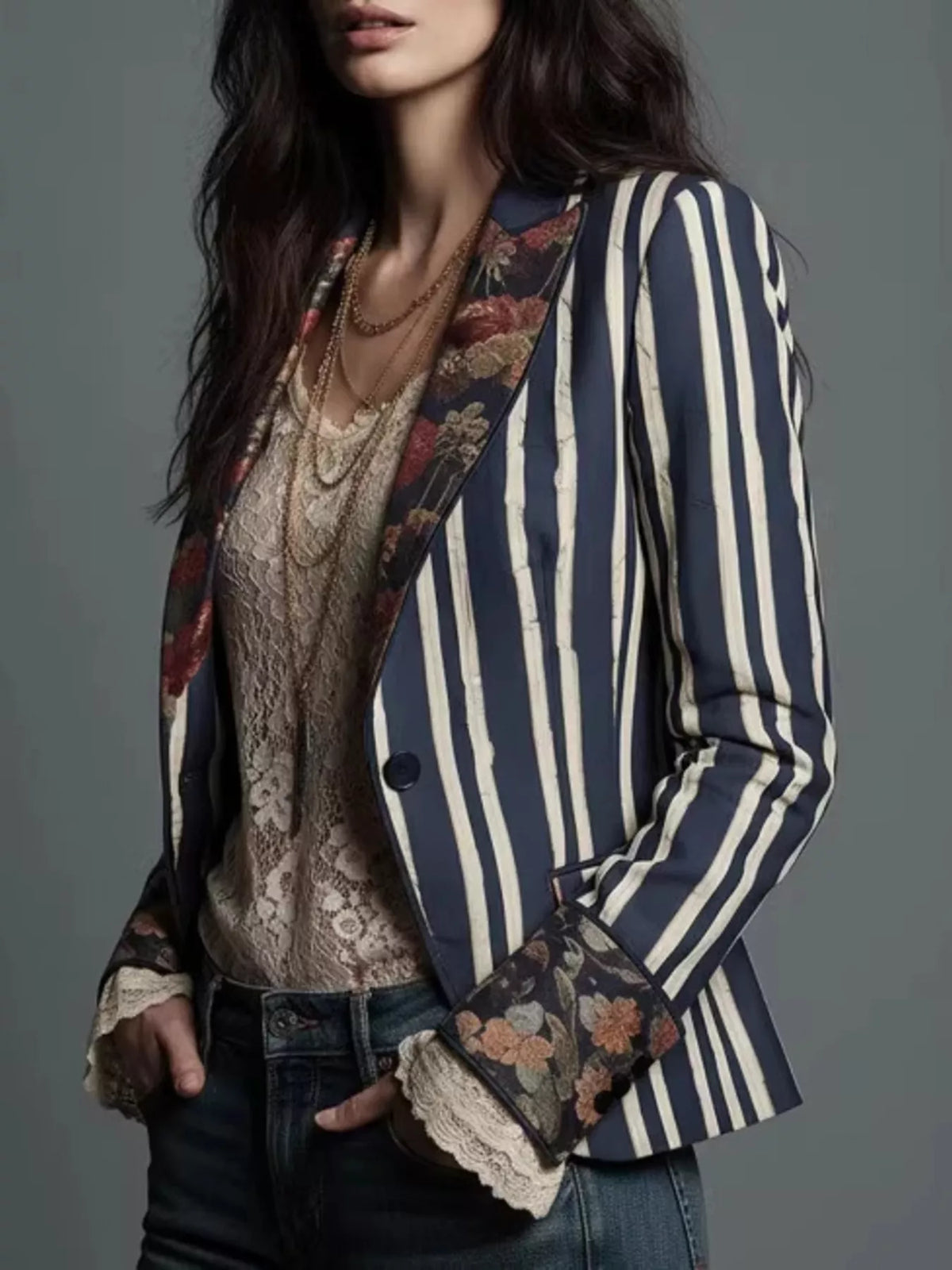 Striped Floral Contrast Slim Fit Blazer - Lilixa.store