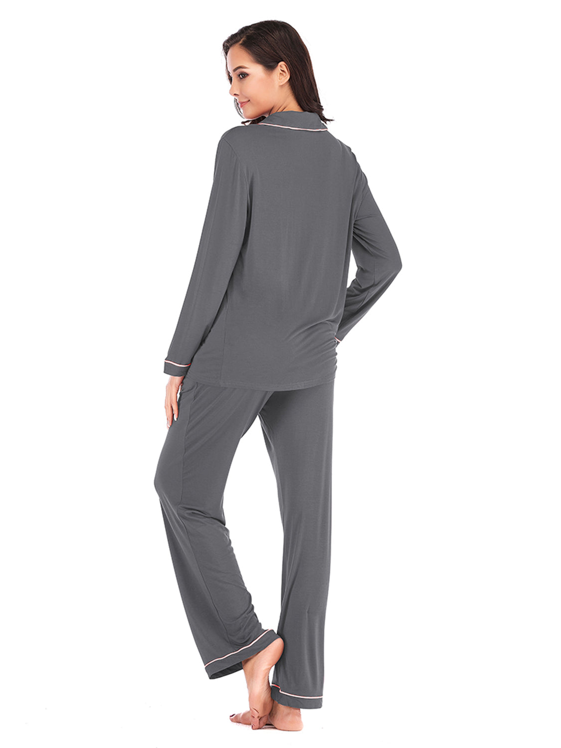 Collared Neck Long Sleeve Loungewear Set with Pockets - Lilixa.store