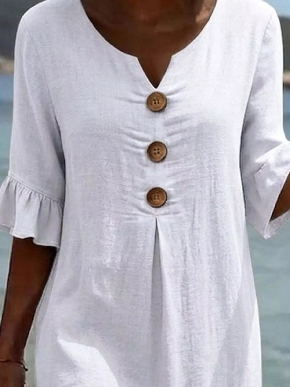 Full Size Decorative Button Ruffle Half Sleeve Dress Plus Size - Lilixa.store