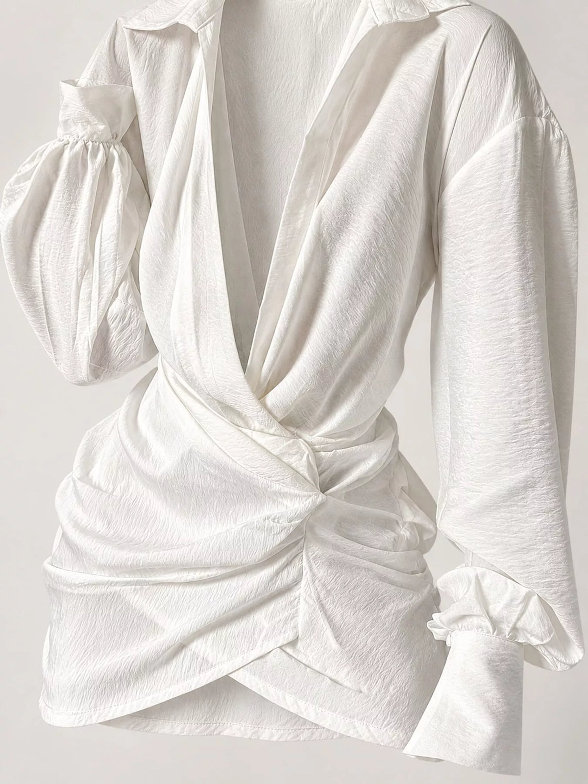 Deep V-Neck Ruched Asymmetrical Mini Dress in White, view 7