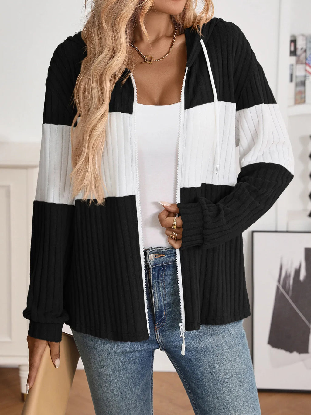 Drawstring Color Block Zip Up Outerwear - Lilixa.store