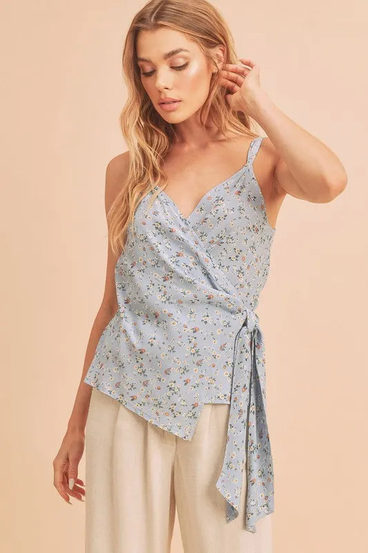 Aemi + Co Ditsy Floral Surplice Adjustable Straps Cami in Light Blue, view 2