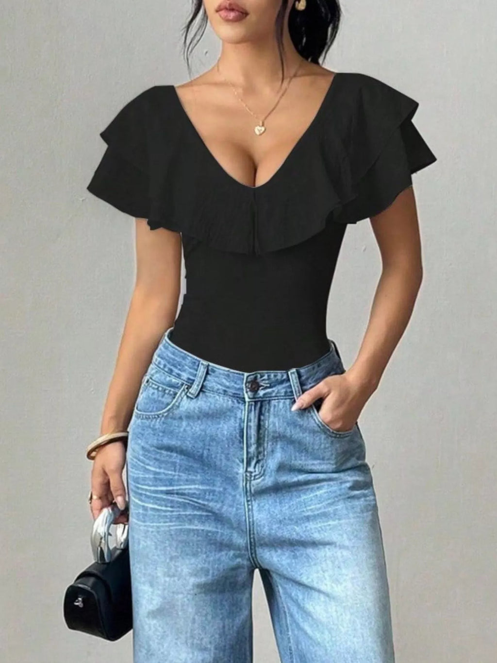 Ruffle Trim V-Neck Bodysuit - Lilixa.store
