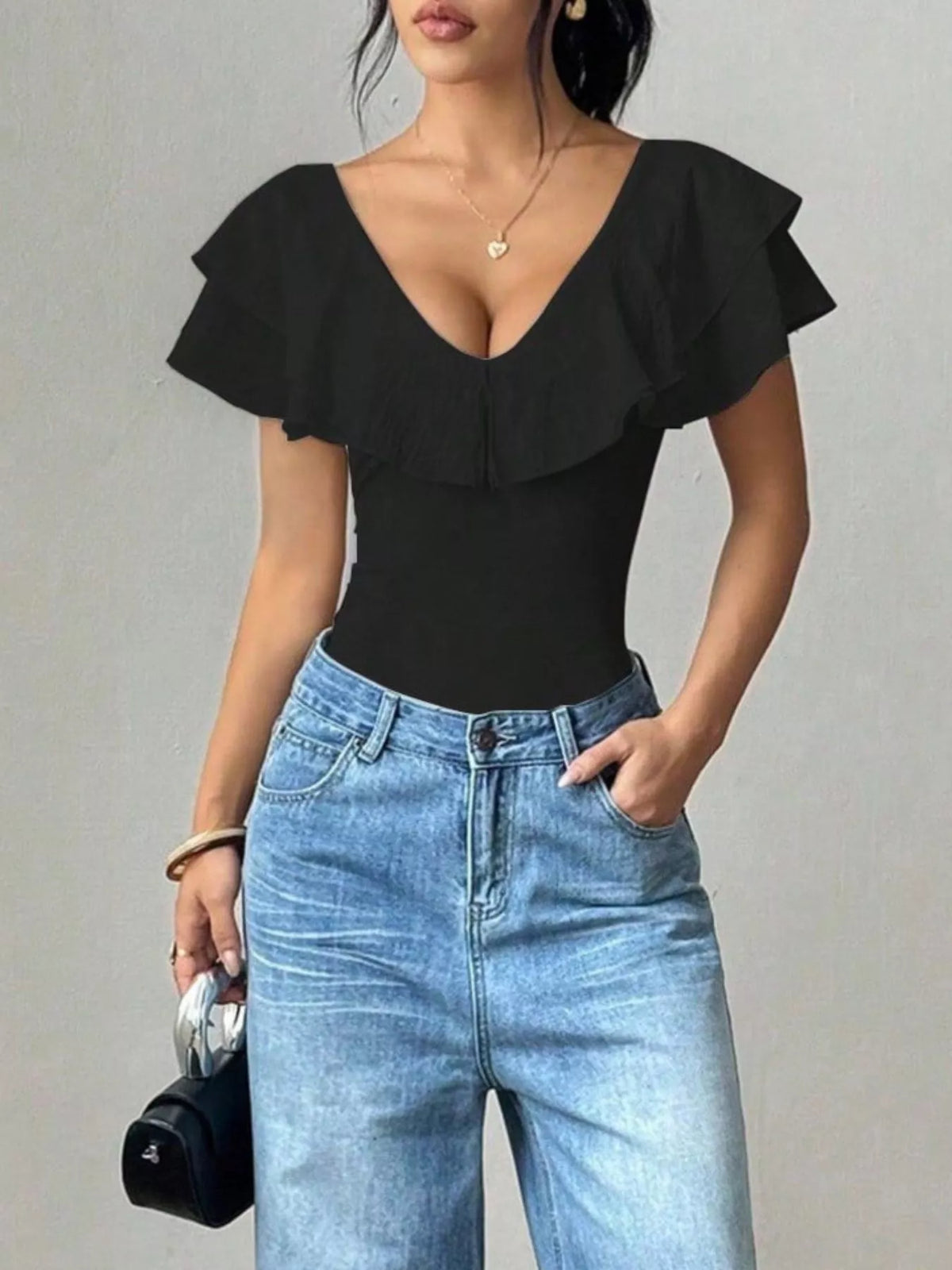 Ruffle Trim V-Neck Bodysuit - Lilixa.store