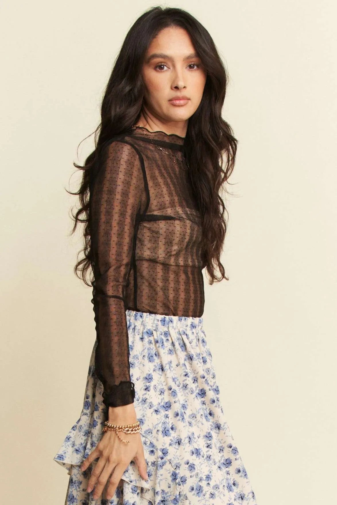 Davi & Dani Turtle Neck Lace Dotted Stretch Mesh Sheer Top - Lilixa.store