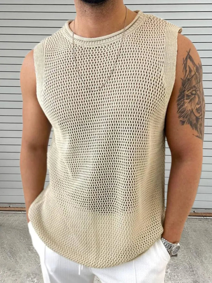 Men's Openwork Round Neck Sleeveless Knit Top - Lilixa.store