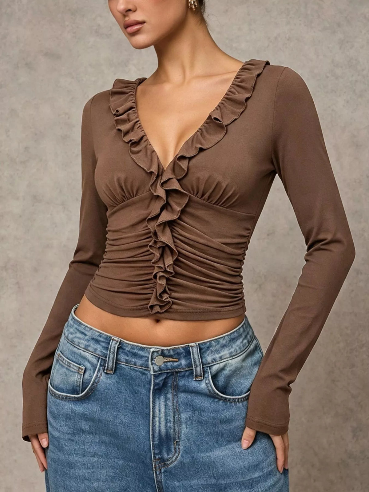V-Neck Ruffle Trim Ruched Long Sleeve Slim Fit Top
