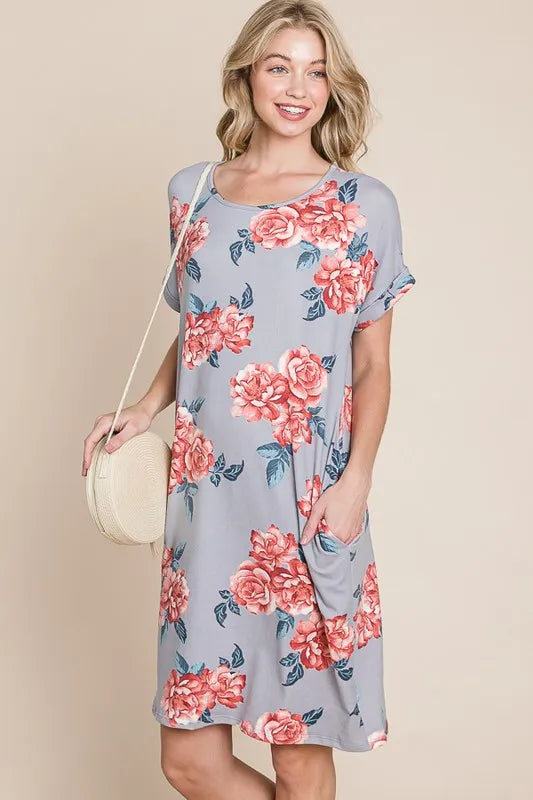 BOMBOM Floral Round Neck Short Tee Dress with Pockets - Lilixa.store