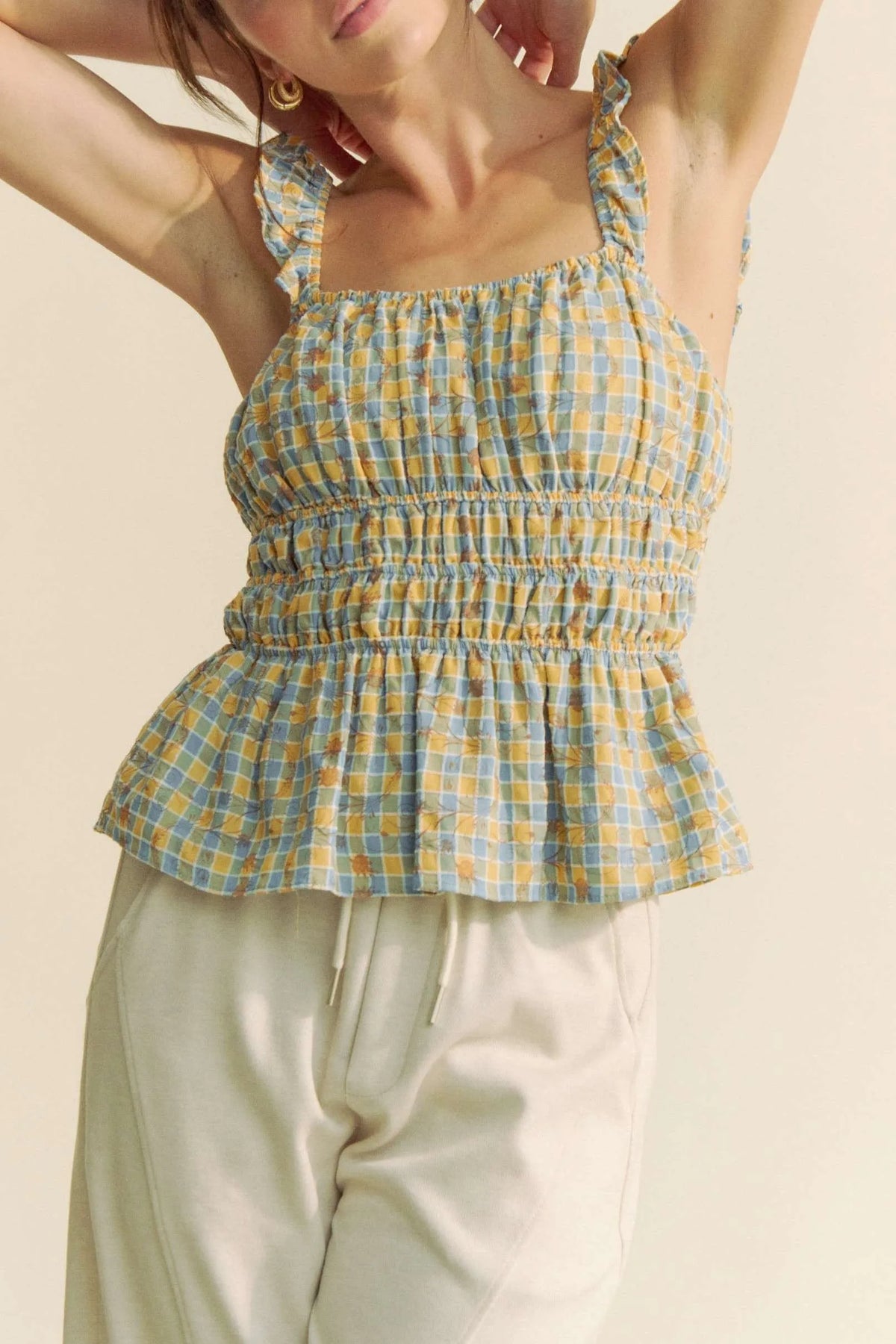 Davi & Dani Plaid Ruffled Strap Smocked Sleeveless Top - Lilixa.store