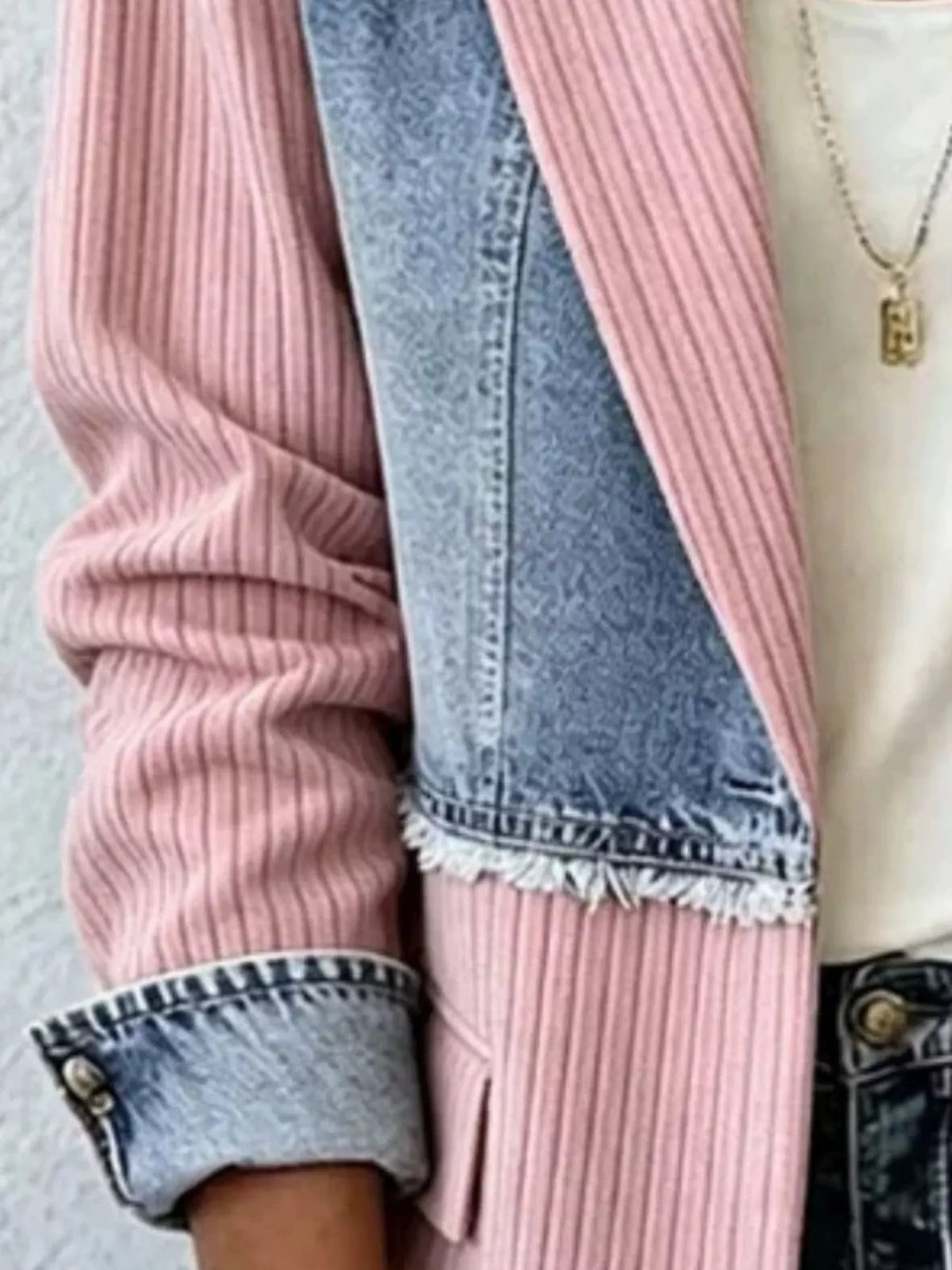 Full Size Patchwork Denim Ribbed Blazer Plus Size - Lilixa.store