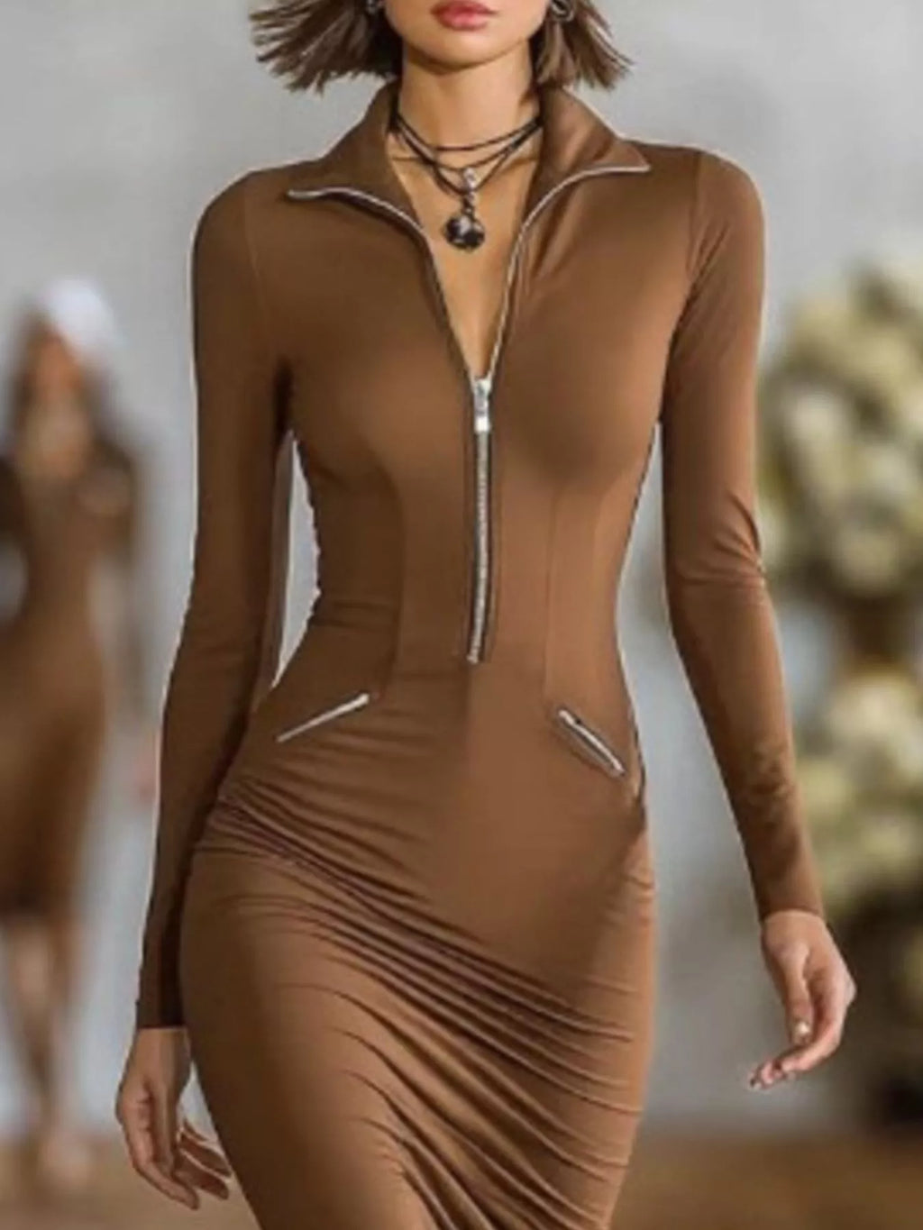Full Size Zip-Front Bodycon Midi Dress Plus Size - Lilixa.store
