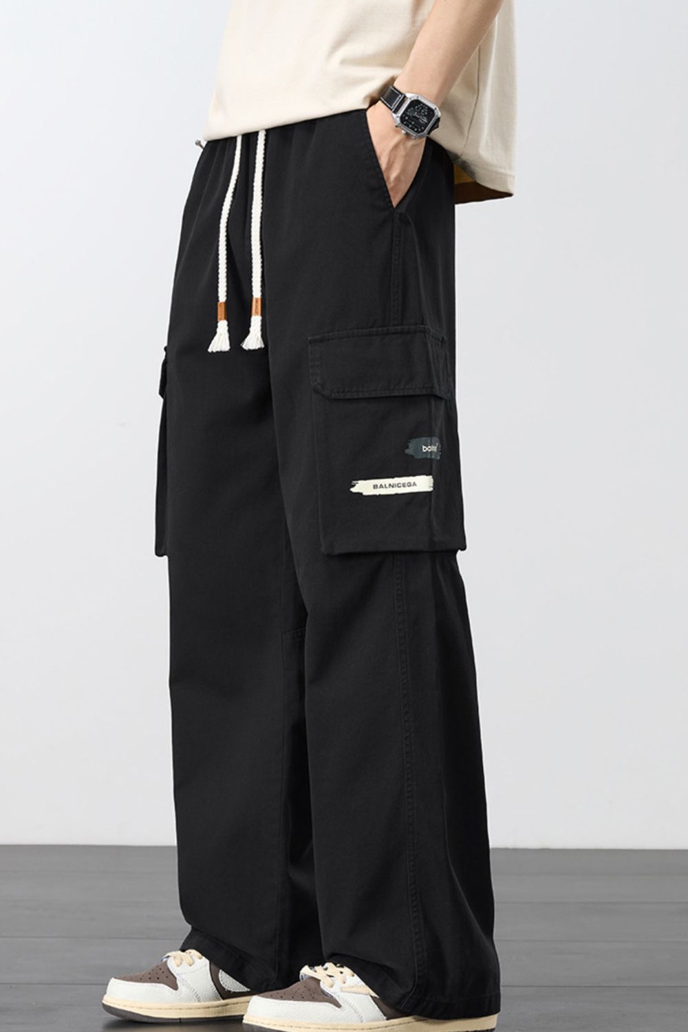 Men's Plus Size Loose Fit Cargo Pants with Drawstring in Black