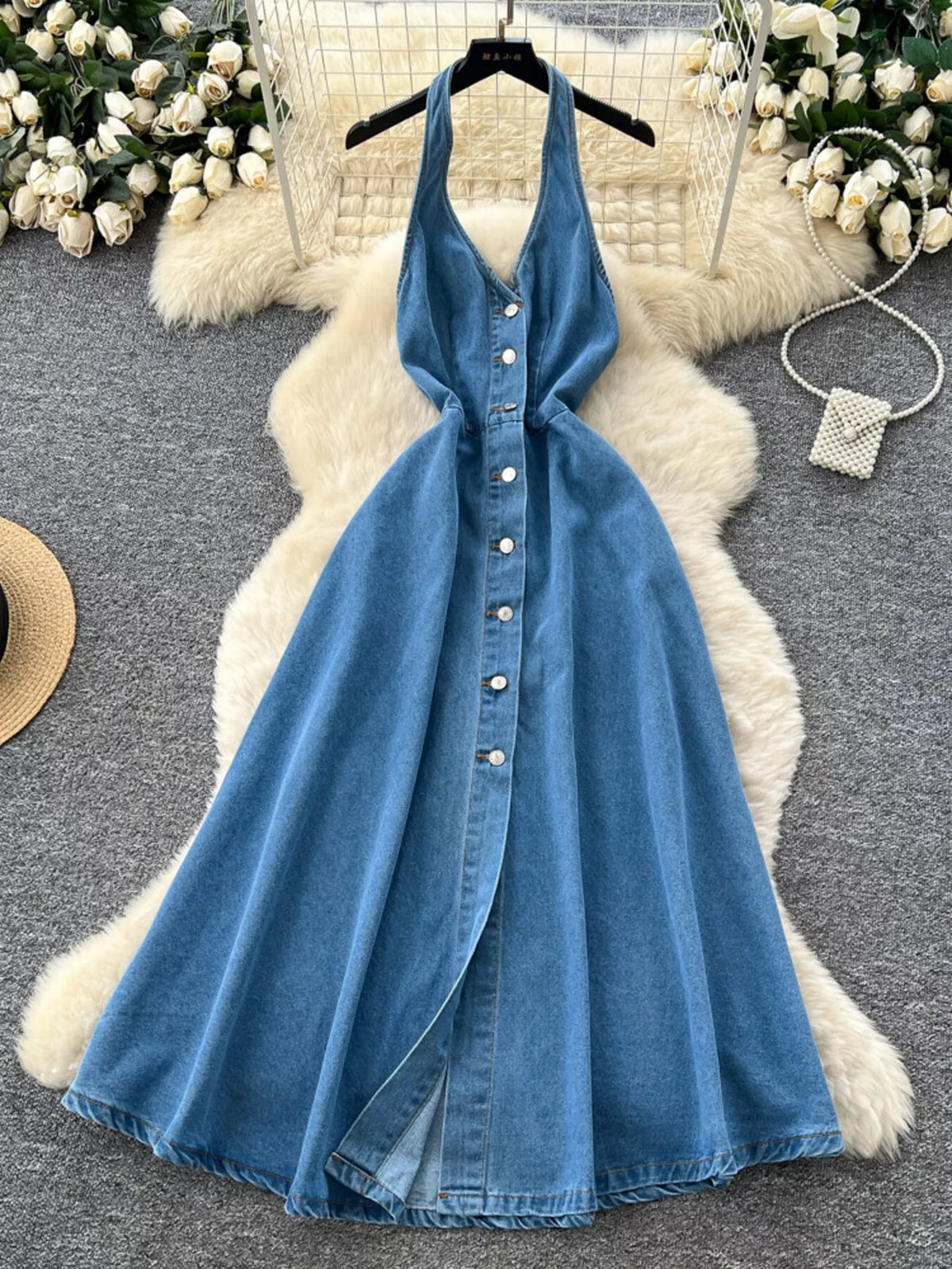 Halter Neck Button-Down Denim Dress - Lilixa.store