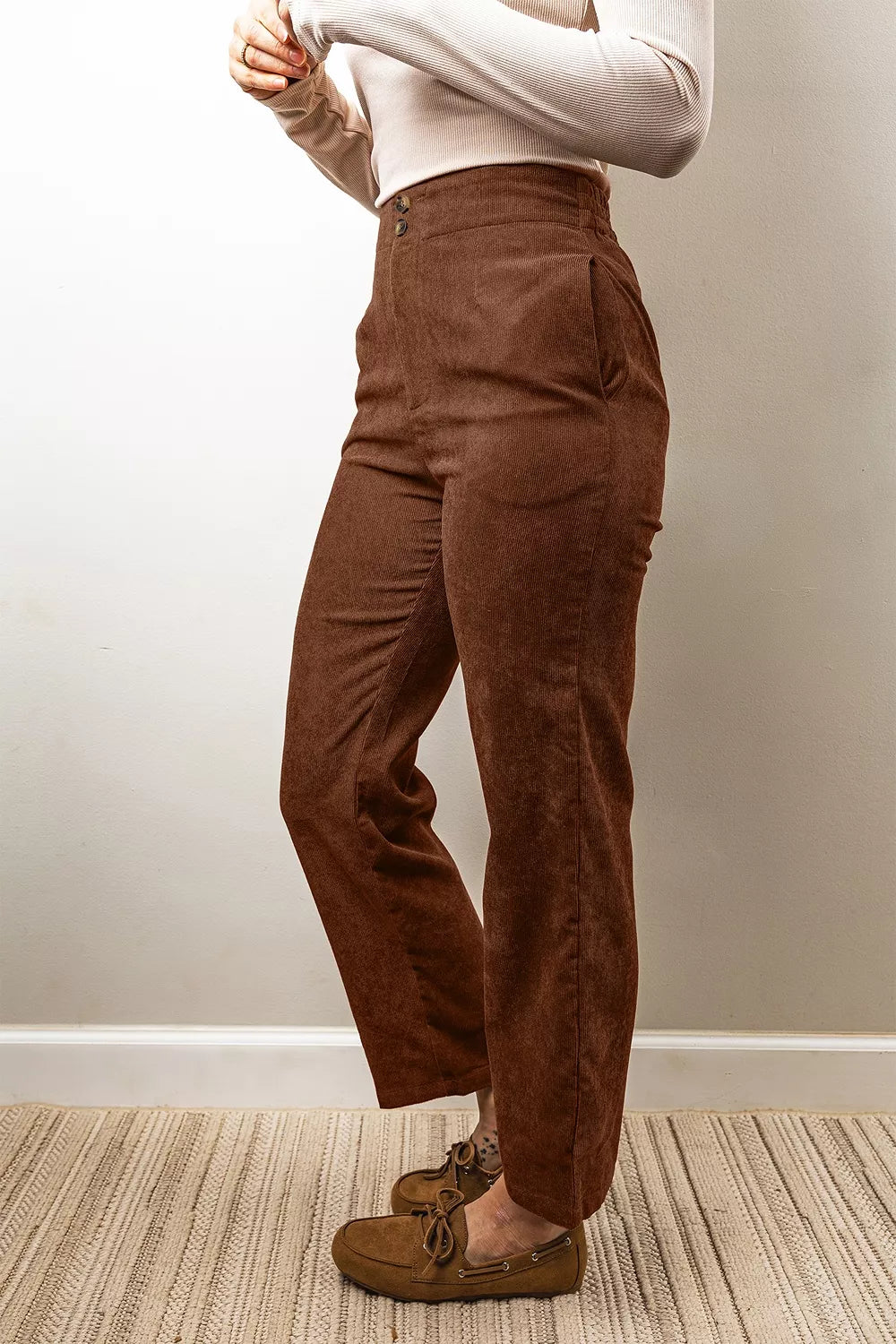 Elastic Waist Straight Leg Ankle Length Corduroy Pants