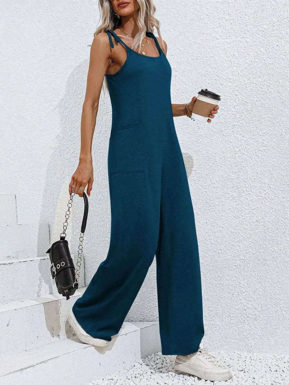 Scoop Neck Tie Shoulder Jumpsuit - Lilixa.store