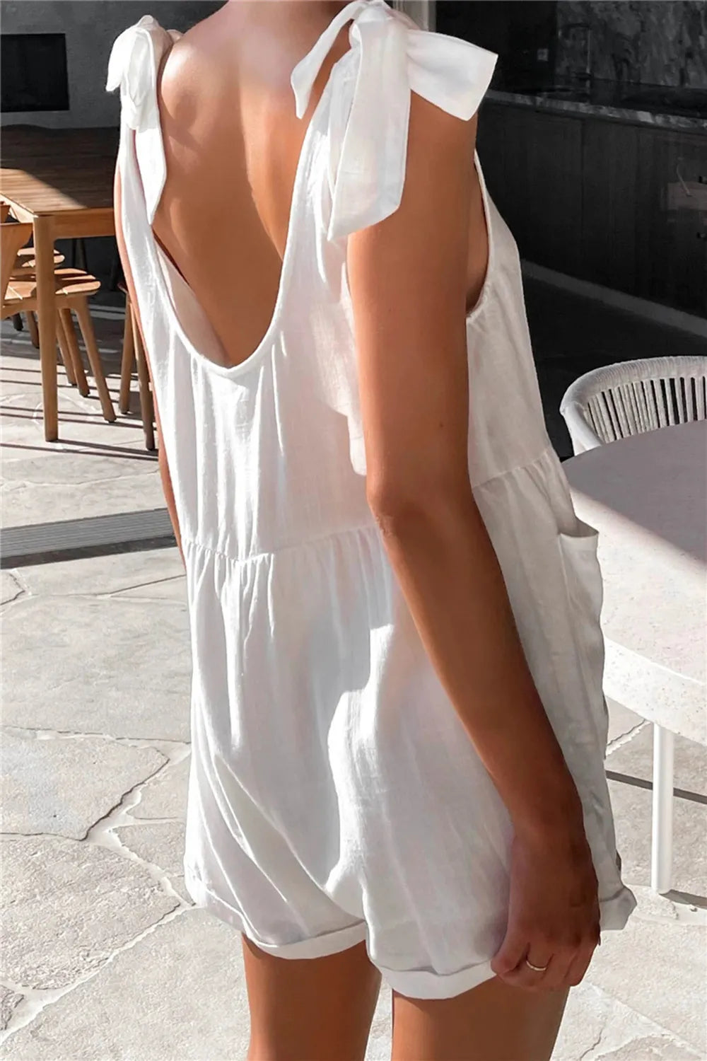 Full Size Scoop Neck Tie Shoulder Romper - Lilixa.store