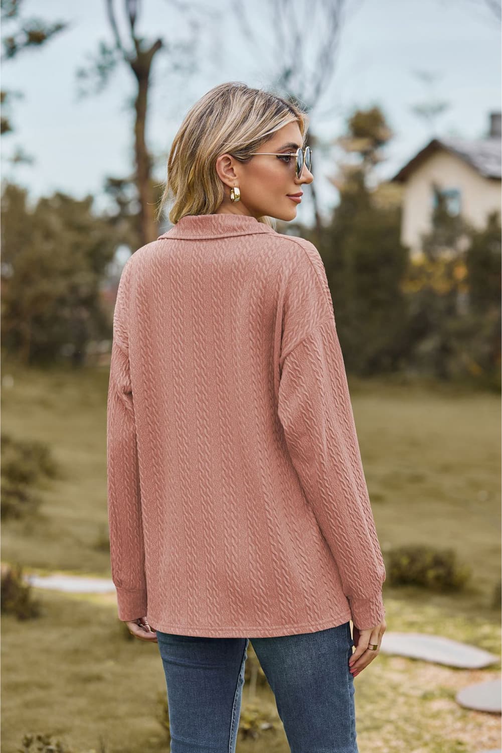 Collared Neck Cable-Knit Long Sleeve Blouse, view 6