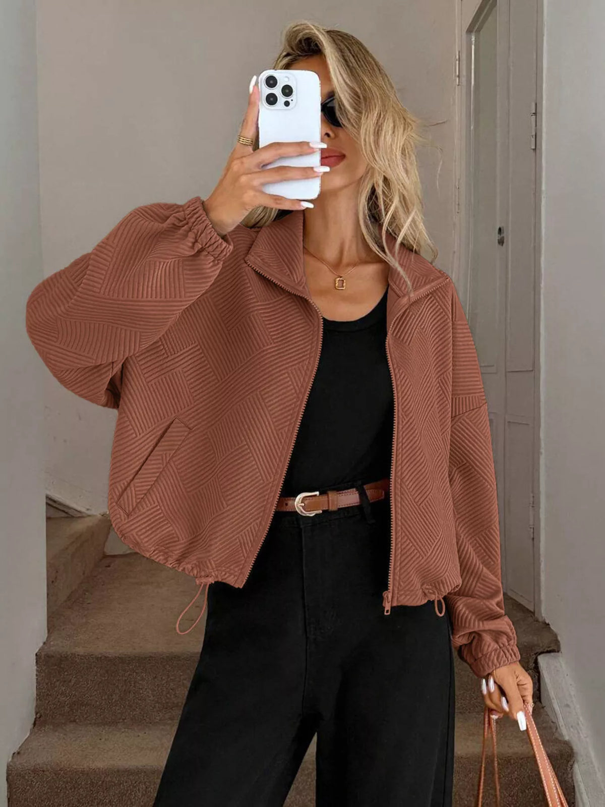 Drawstring Hem Textured Long Sleeve Jacket in Caramel