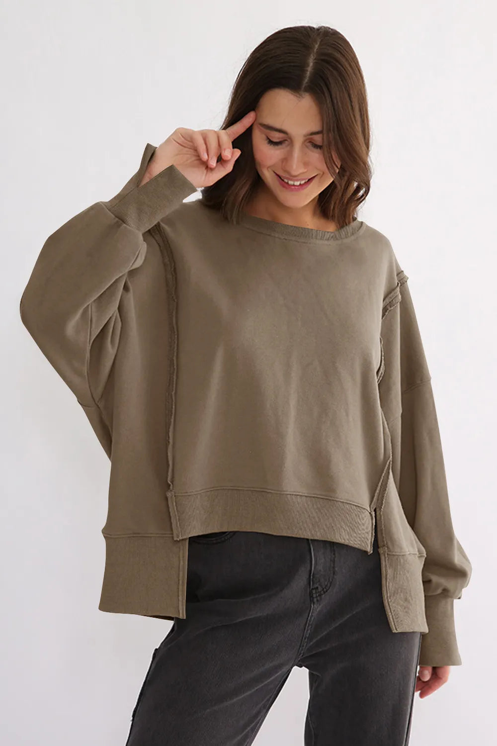 Exposed Seam High-Low Long Sleeve Sweatshirt - Lilixa.store