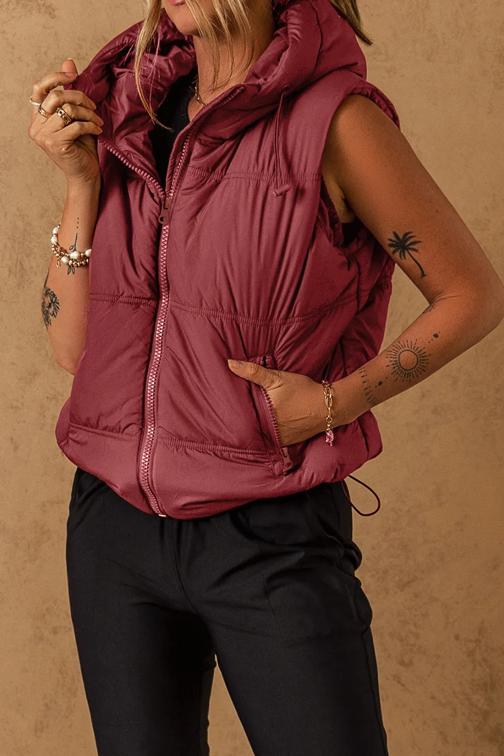 Drawstring Zip Up Hooded Vest Coat in Burgundy, view 4