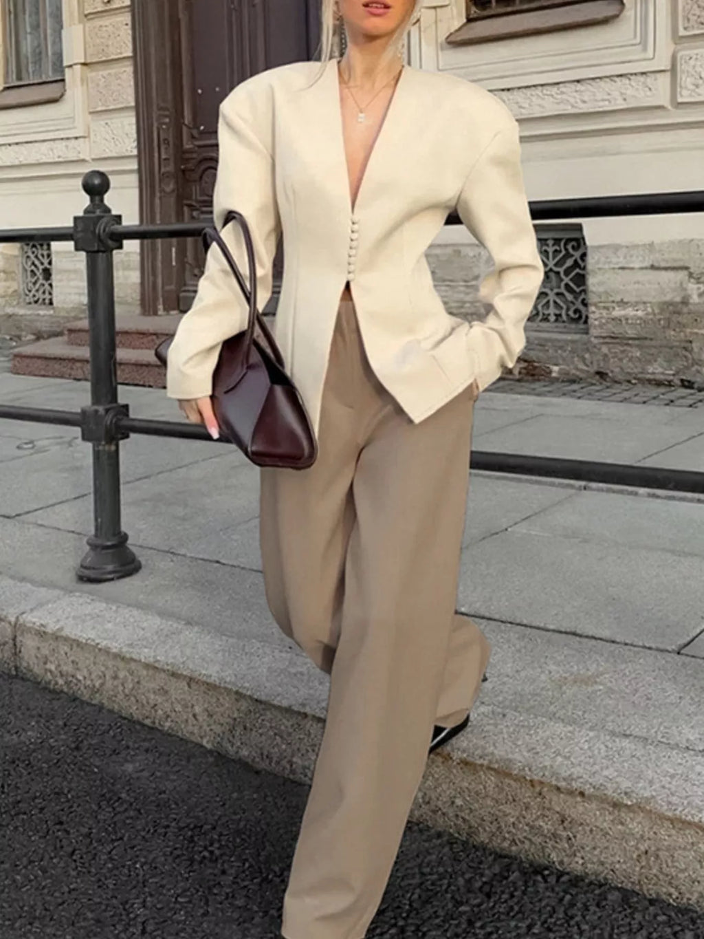 V-Neck Button-Up Blazer with Structured Shoulders - Lilixa.store
