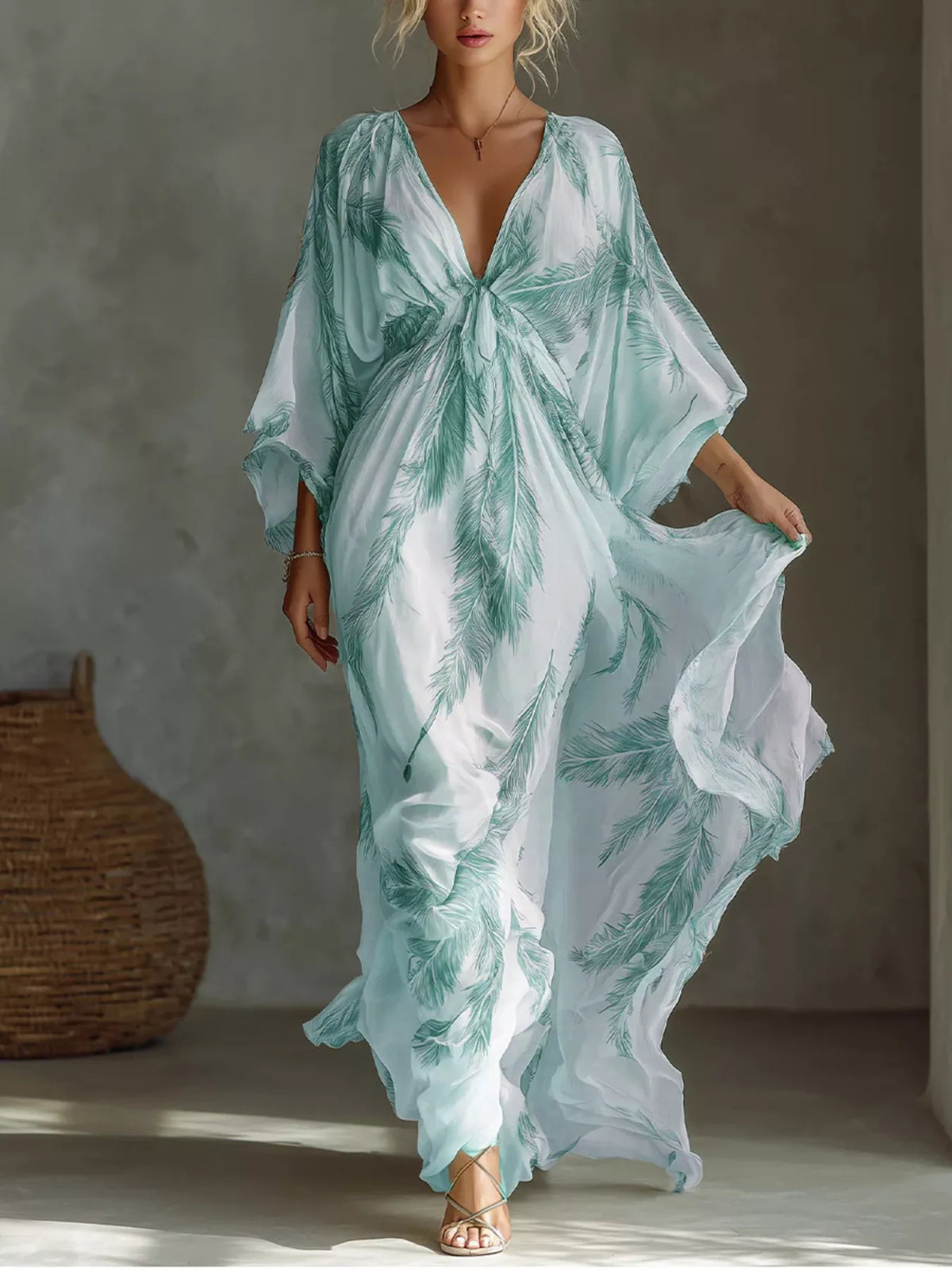 Full Size Feather Print V-Neck Flowy Maxi Dress Plus Size - Lilixa.store